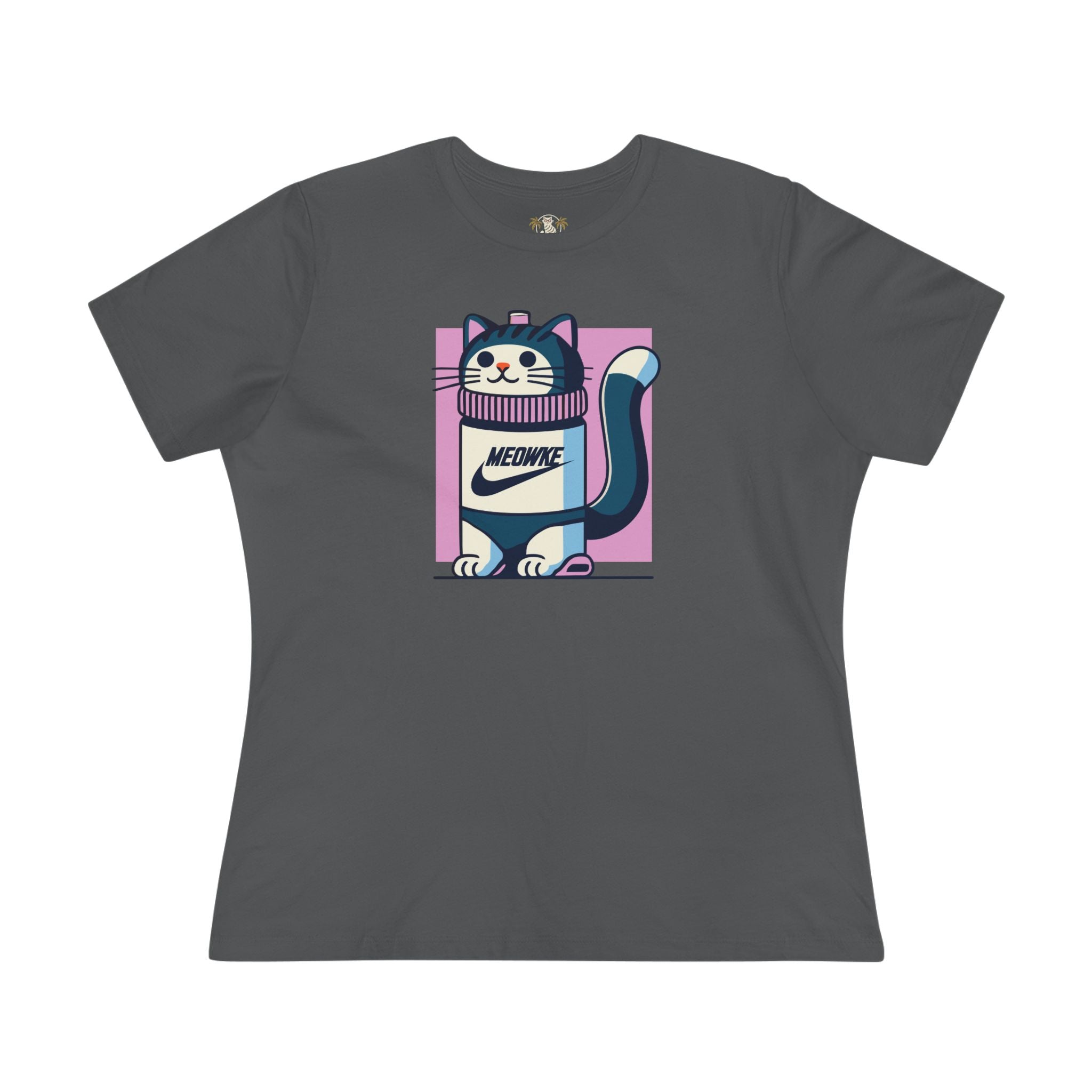 Front view Meowke Cat Bottle Graphic Women's T Shirt in asphalt gray – women's funny graphic tees