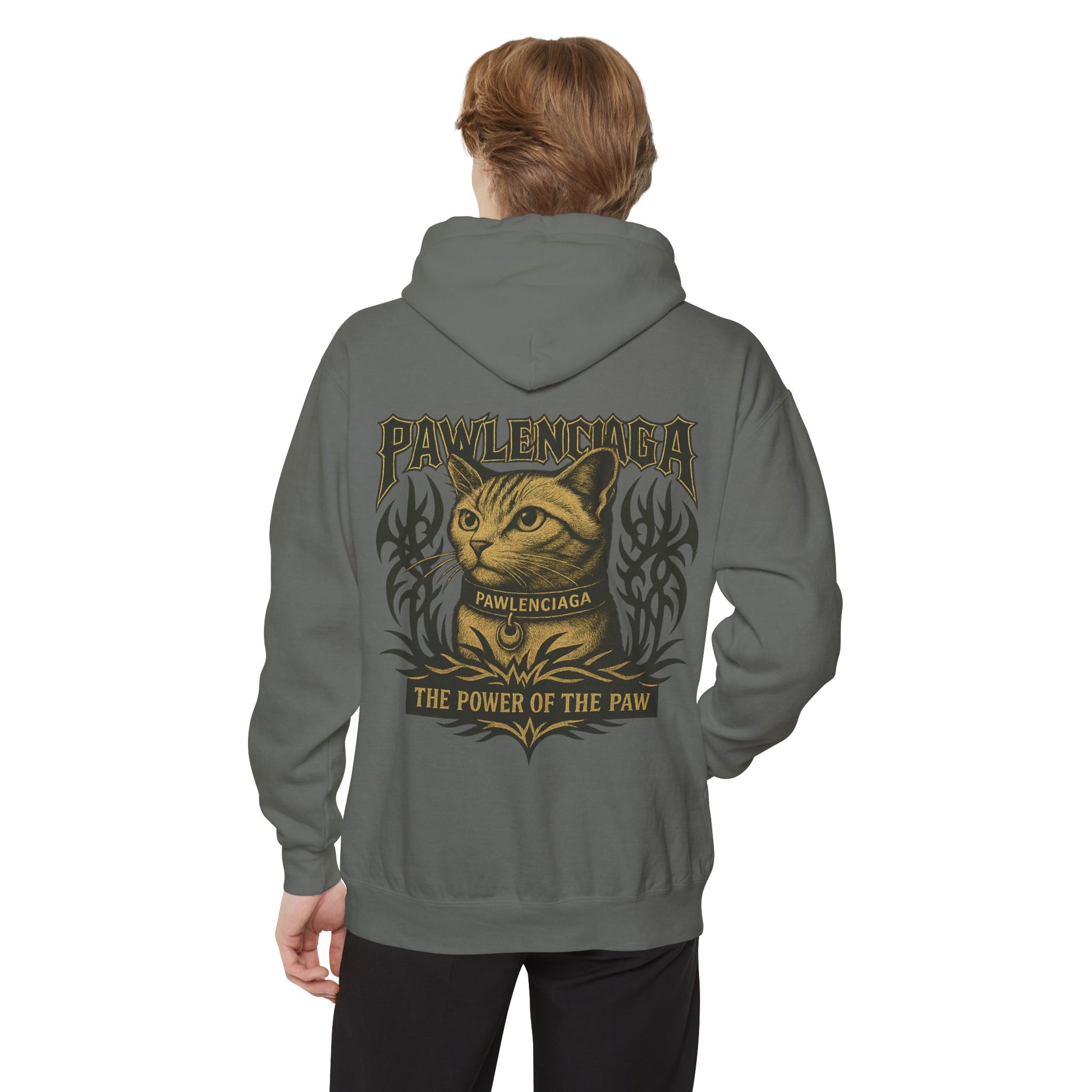 Back view of man wearing Pawlenciaga Grey Cat Hoodie, cat on a hoodie