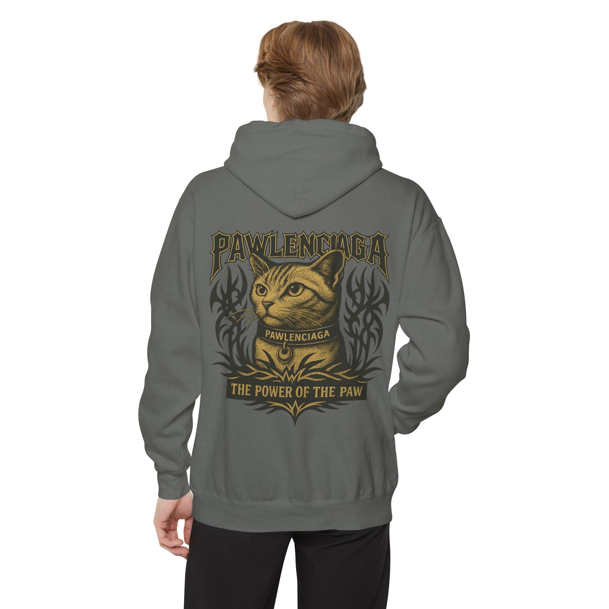 Back view of man wearing Pawlenciaga Grey Cat Hoodie, cat on a hoodie