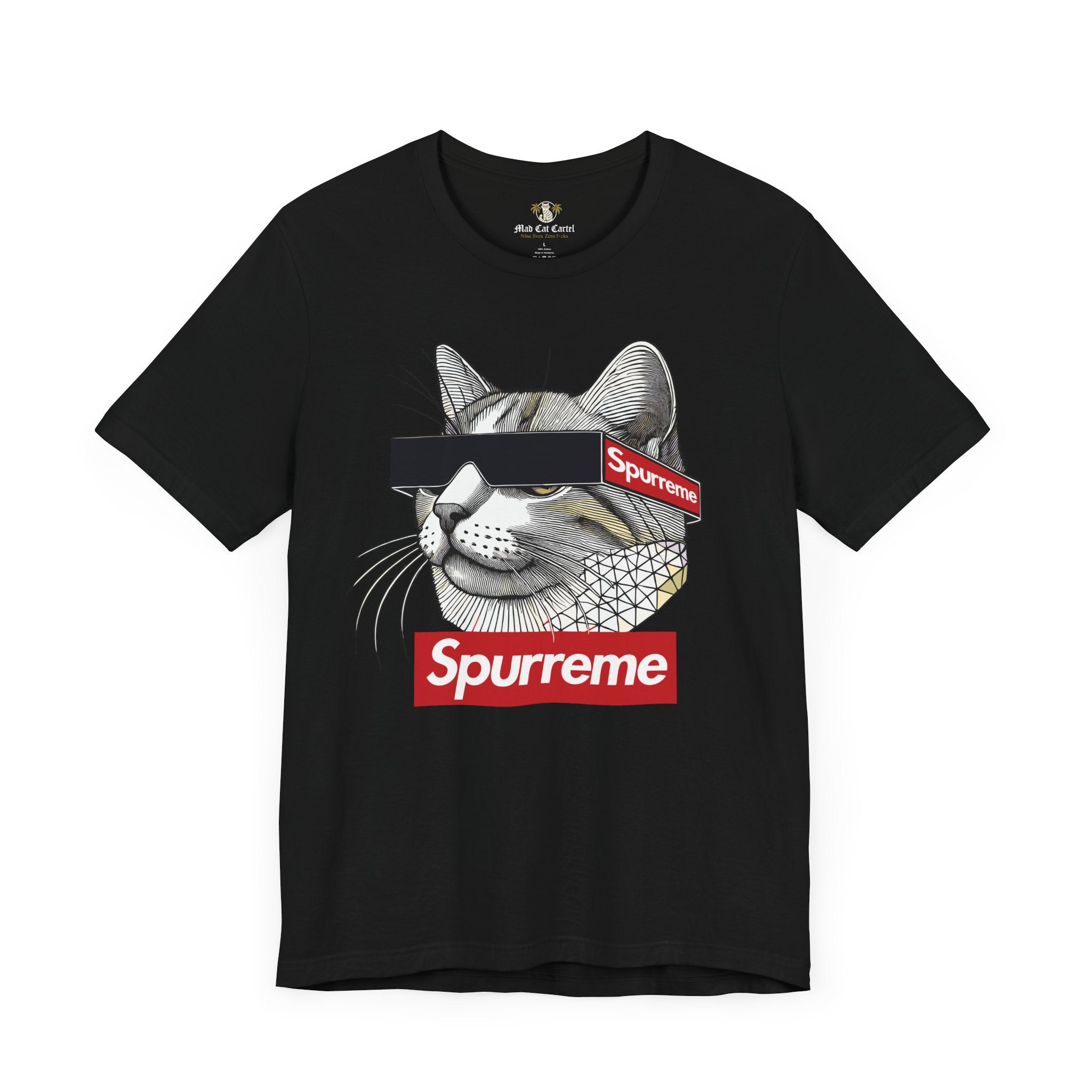 Black Spurreme Triangular Vision Cat Graphic T-Shirt front view – cat lover t shirts