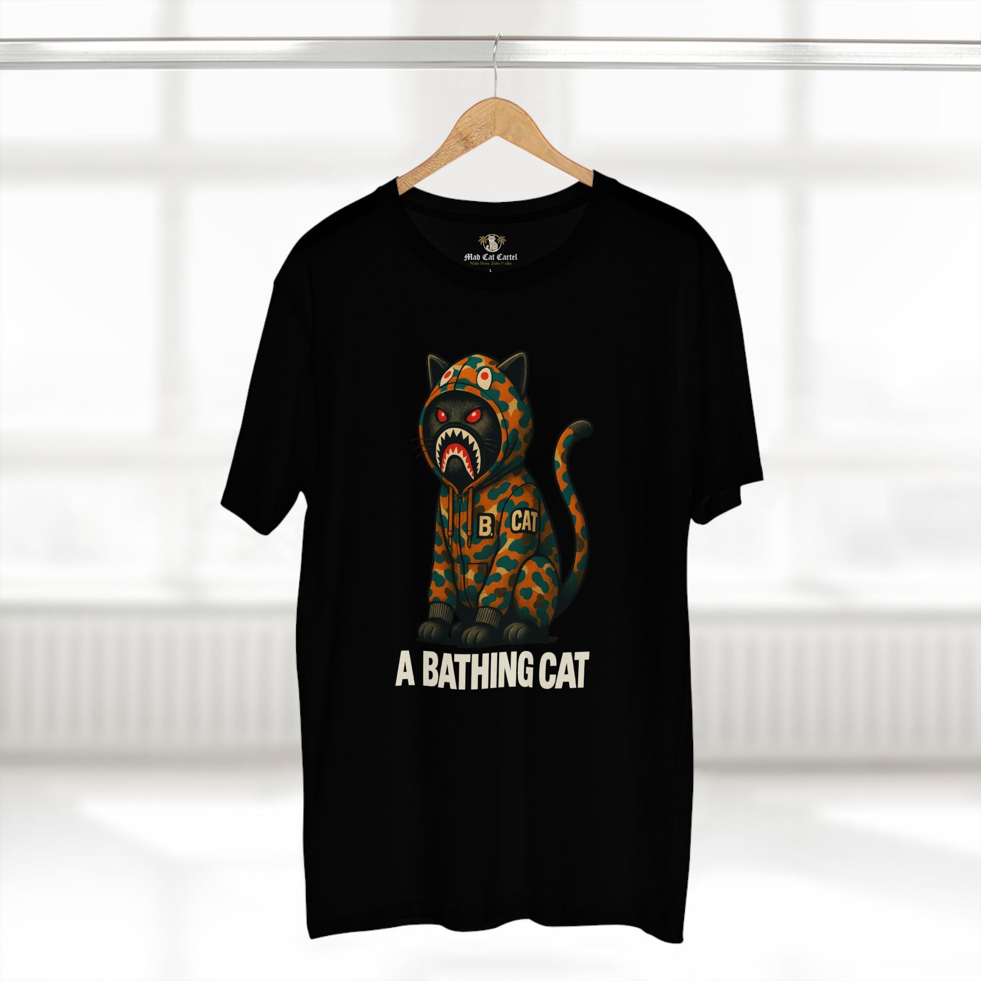 hanger display, black jungle predator cat graphic t shirt, streetwear style