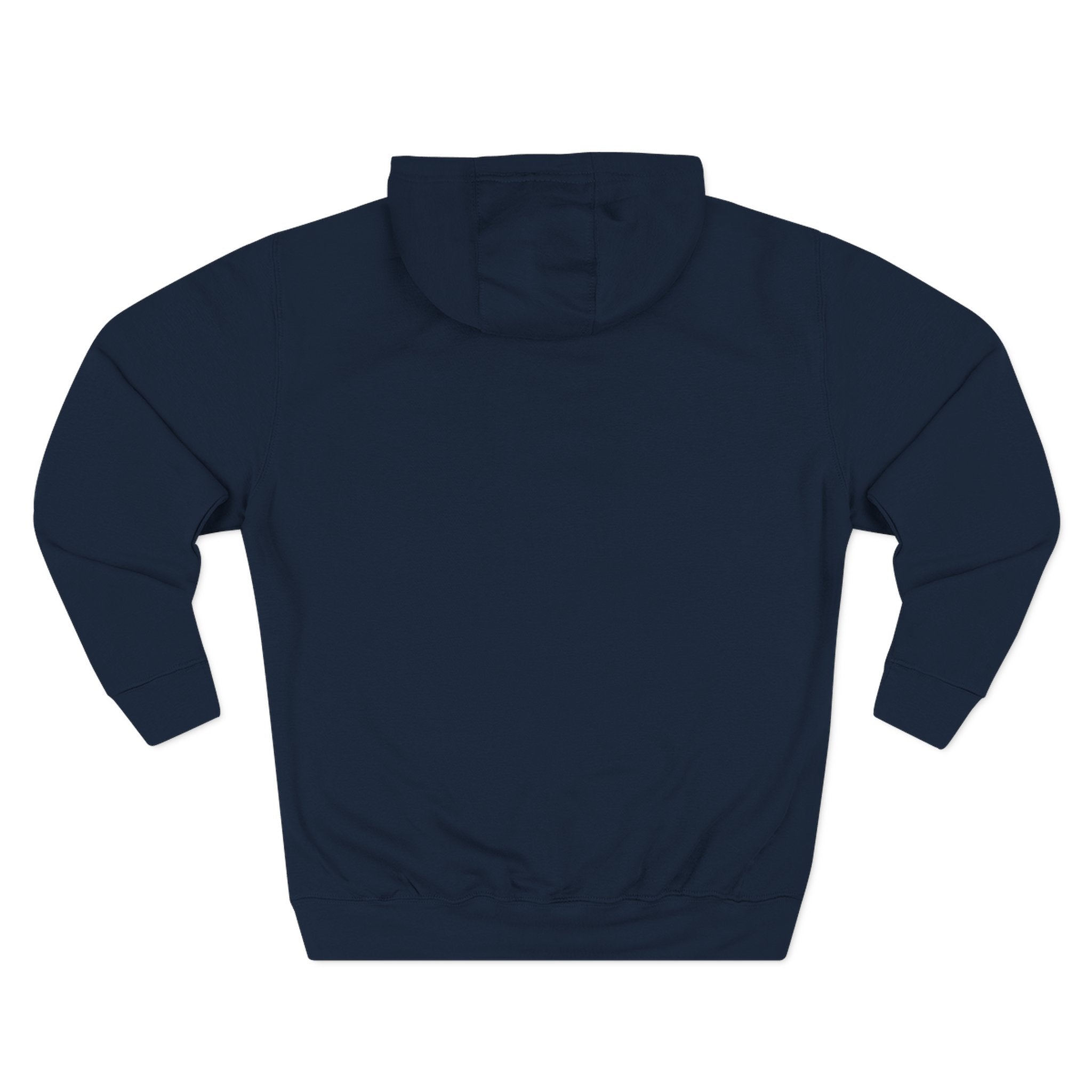 Flat lay of Louis Mewtton navy cat hoodie with sneakers, cat men's clothing, back view