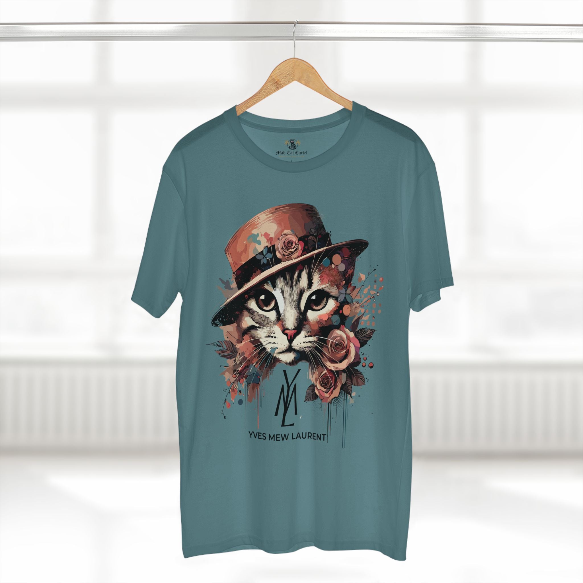 Slate Blue cat lover t shirt on hanger display