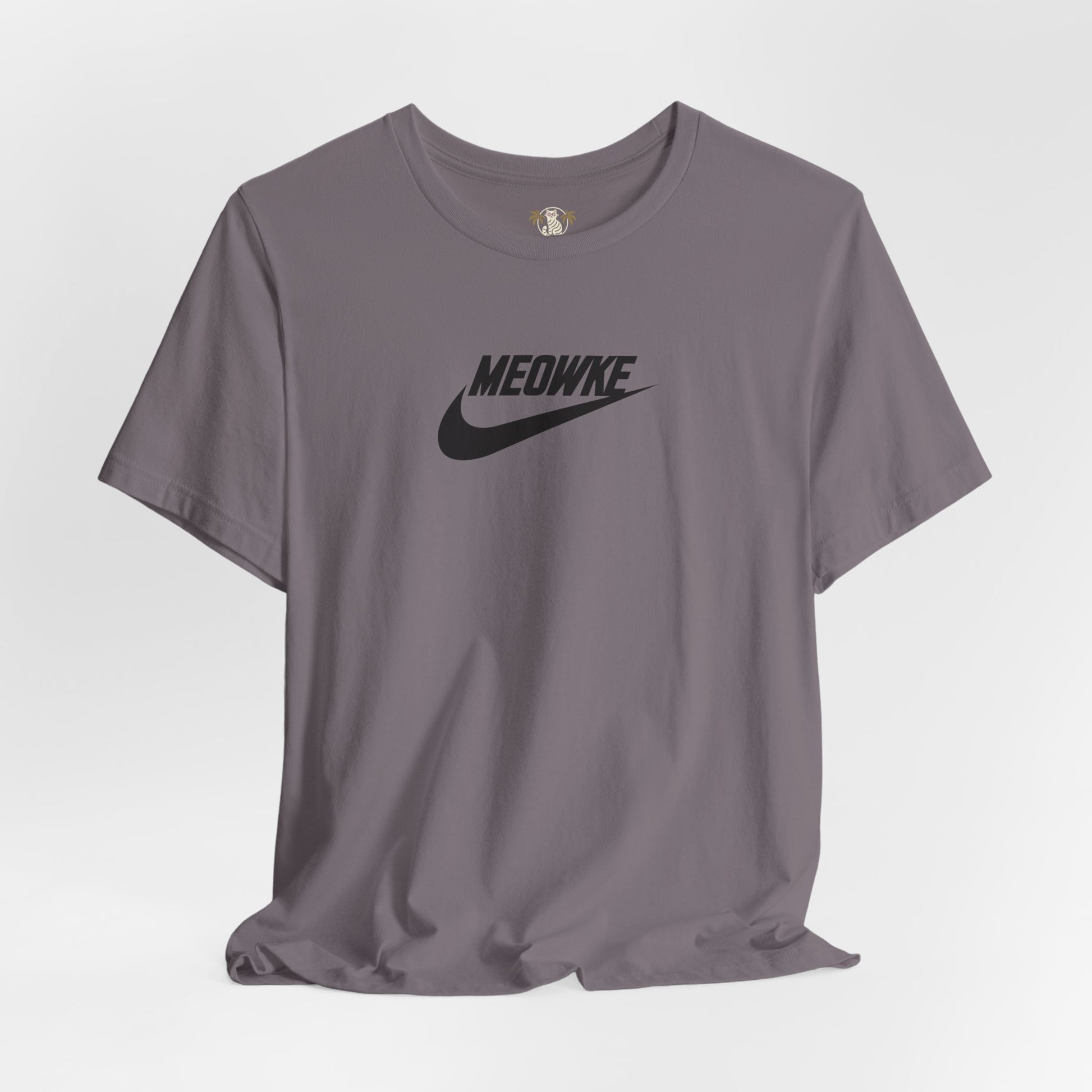 Cat themed t shirt for men and women – storm grey unisex tee, front view, black Meowke chest swoosh logo