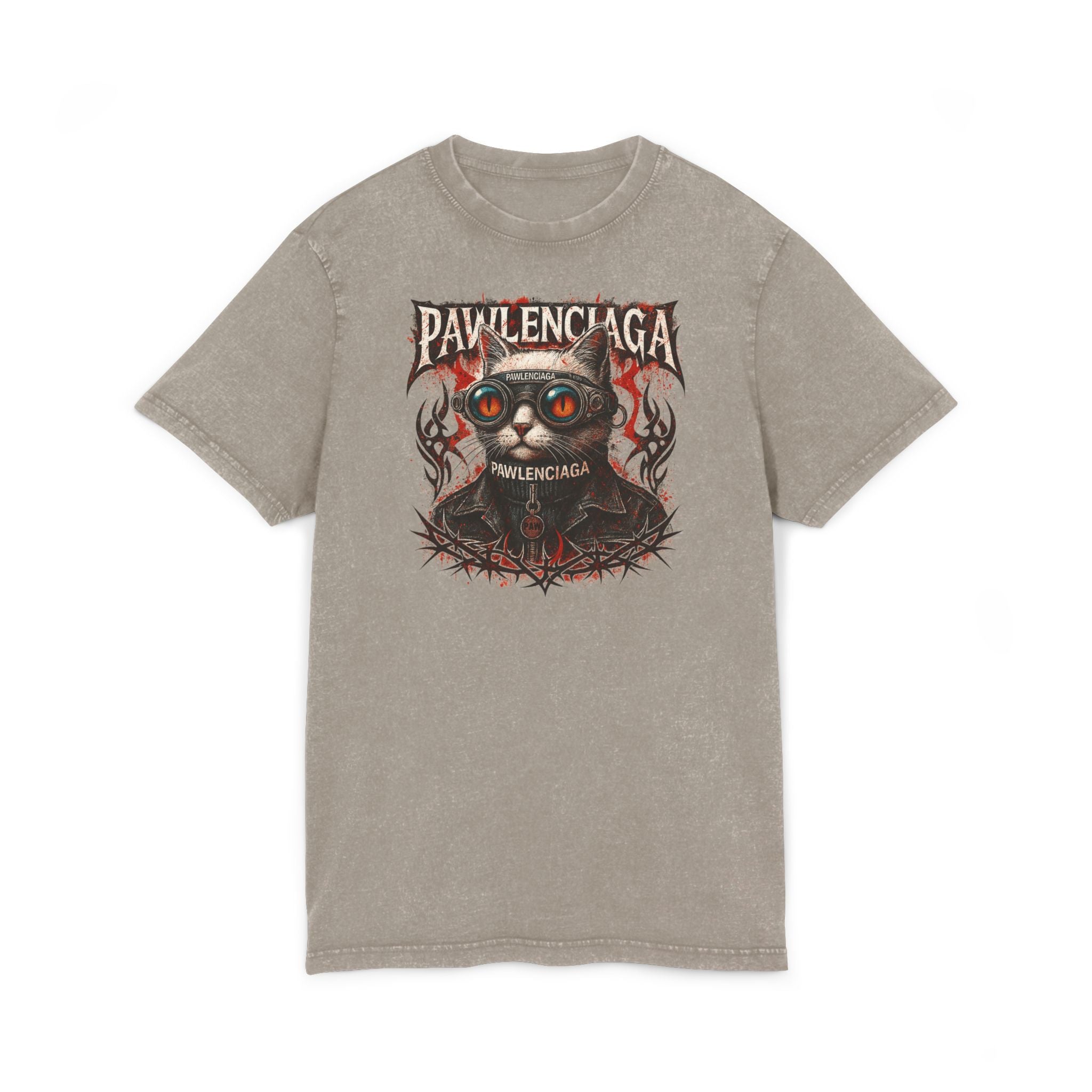 Pawlenciaga Apocalypse Cat Graphic Acid Washed T-Shirt, khaki color front view, shirts for cat lovers