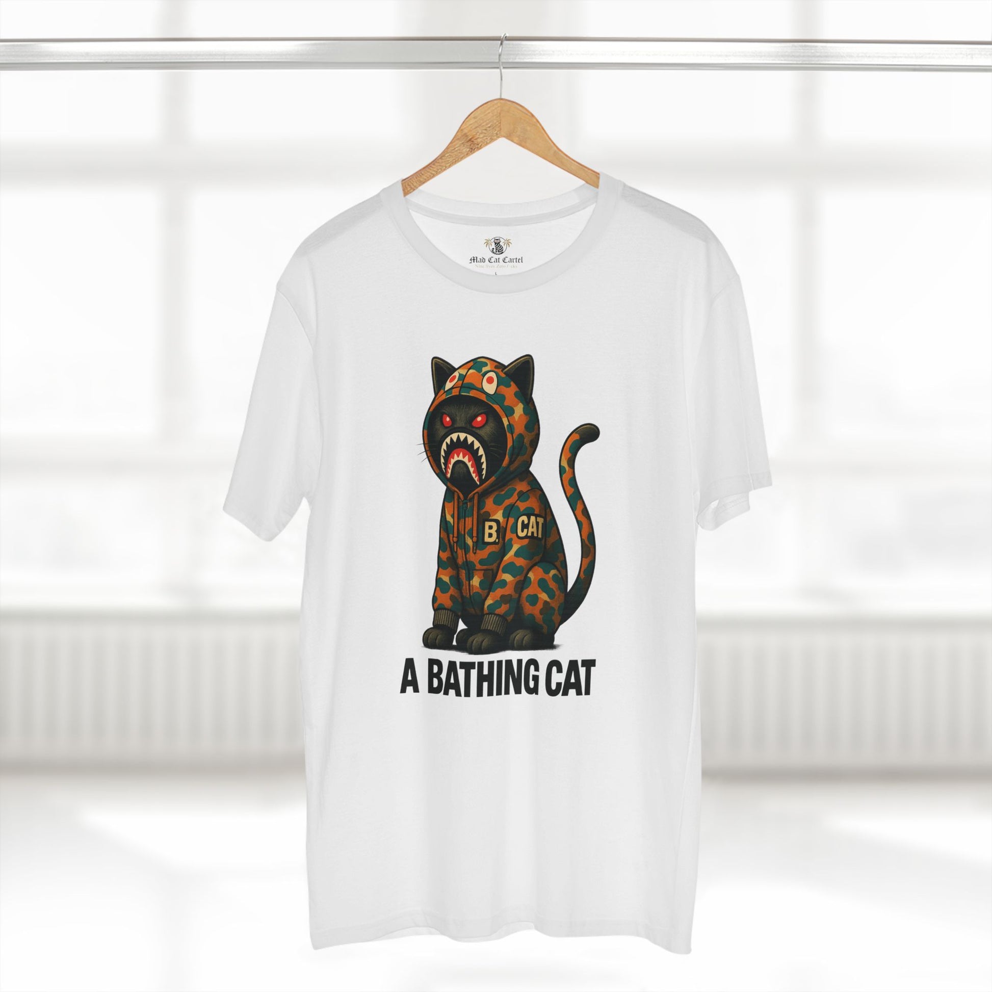 hanger shot, white A Bathing Cat jungle cat graphic t shirt, casual cotton tee