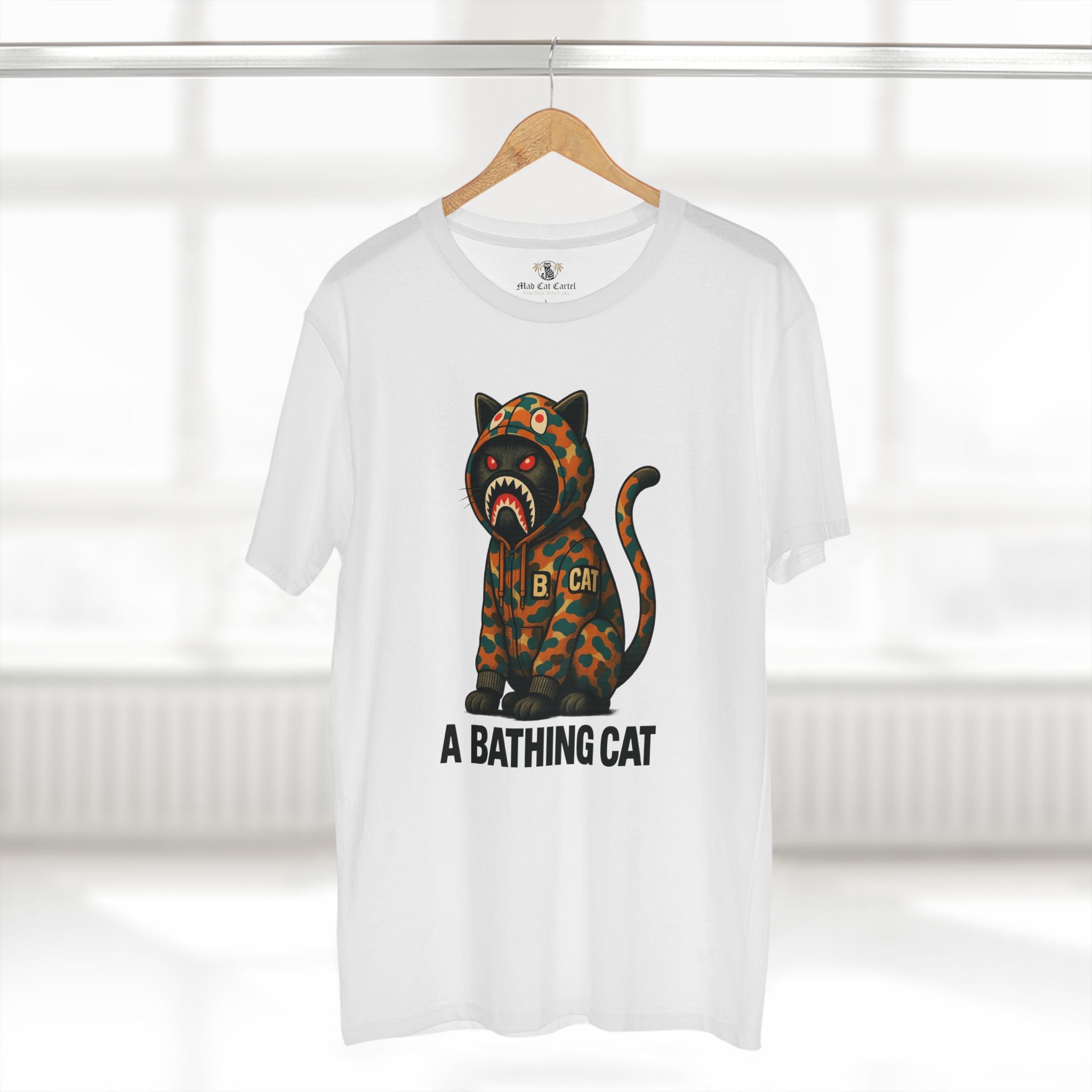 hanger shot, white A Bathing Cat jungle cat graphic t shirt, casual cotton tee