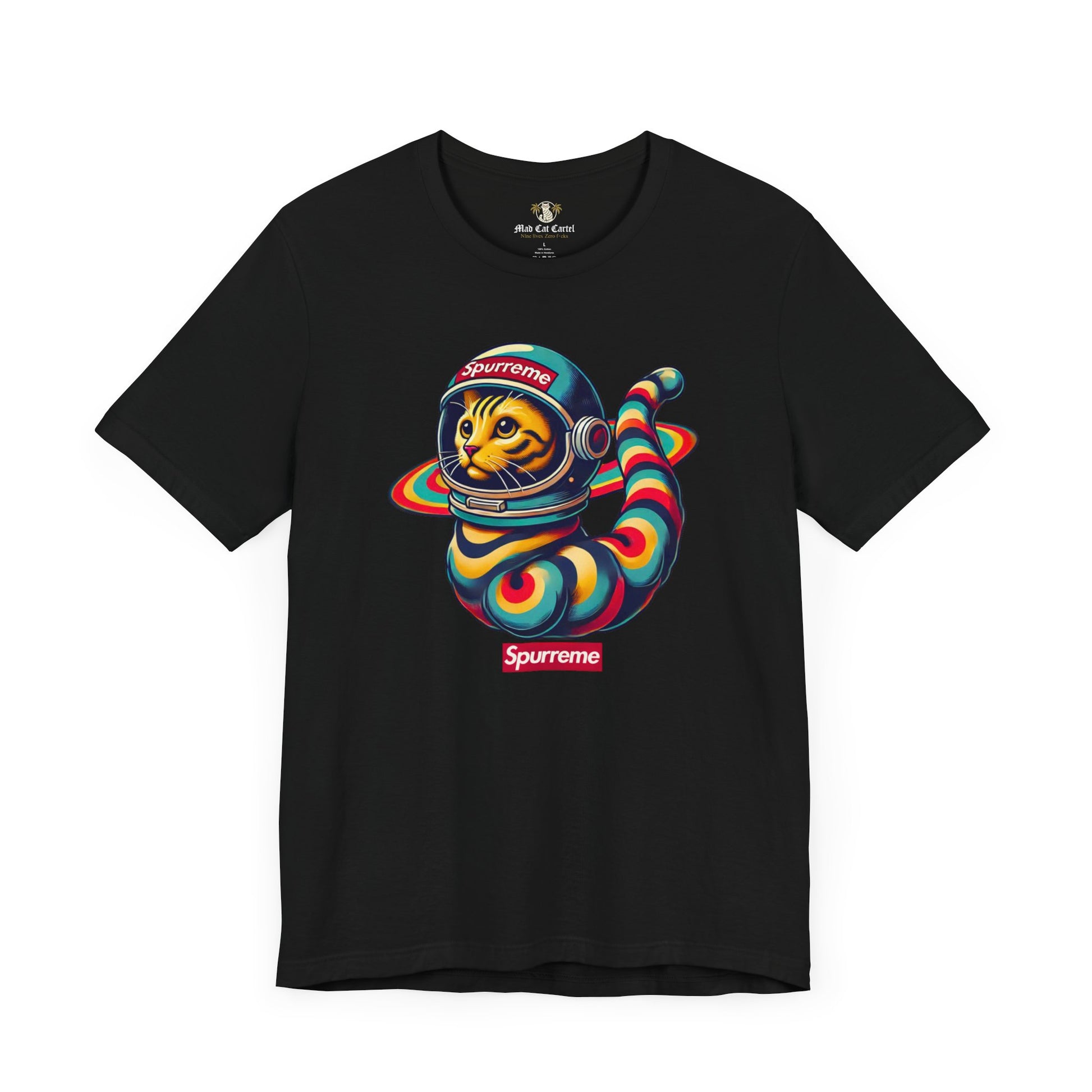 Black t shirt flat lay Spurreme Space Explorer Cat Graphic T-Shirt space cat shirt