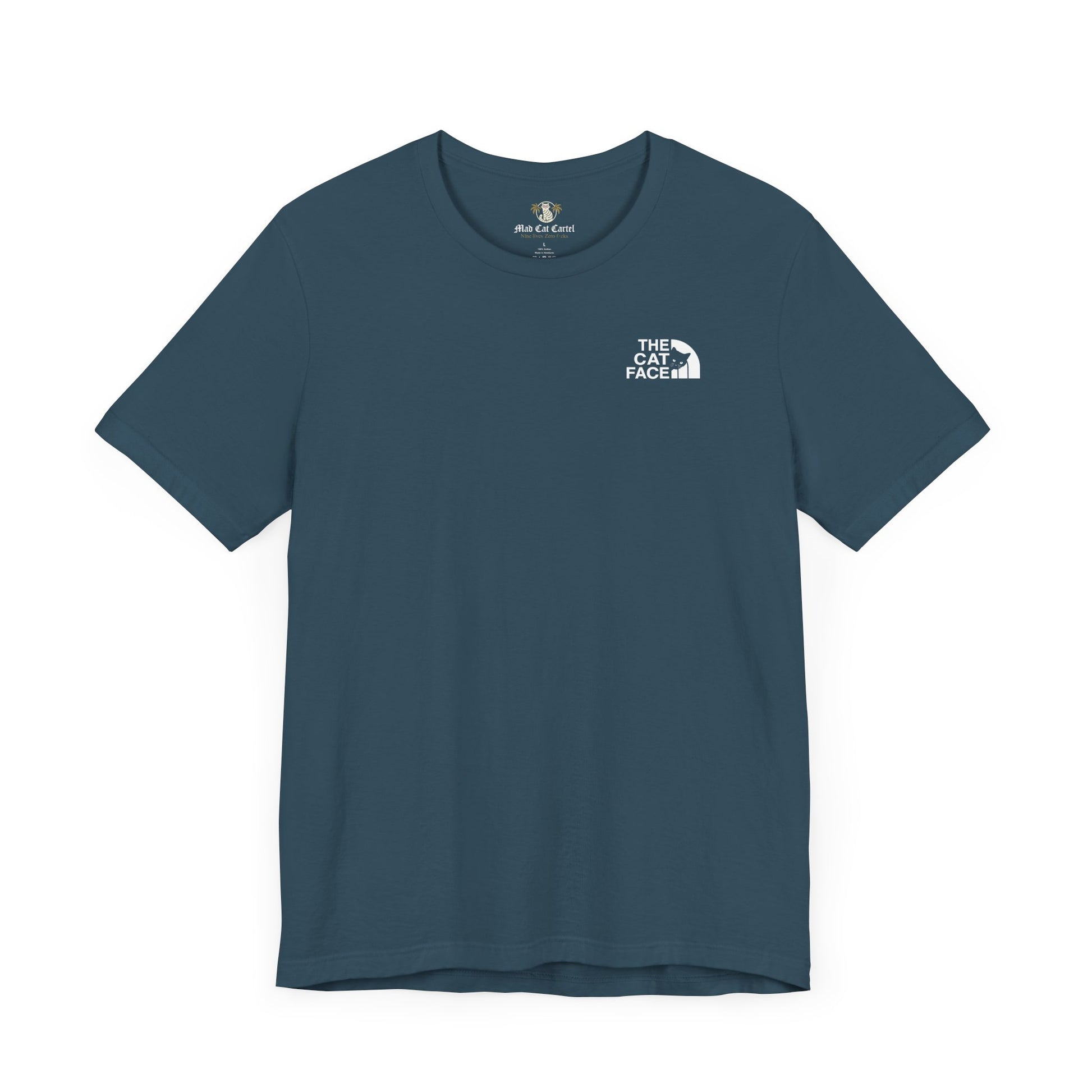 The Cat Face Classic Mini Chest Logo T-Shirt deep teal – cat lady tee flat lay