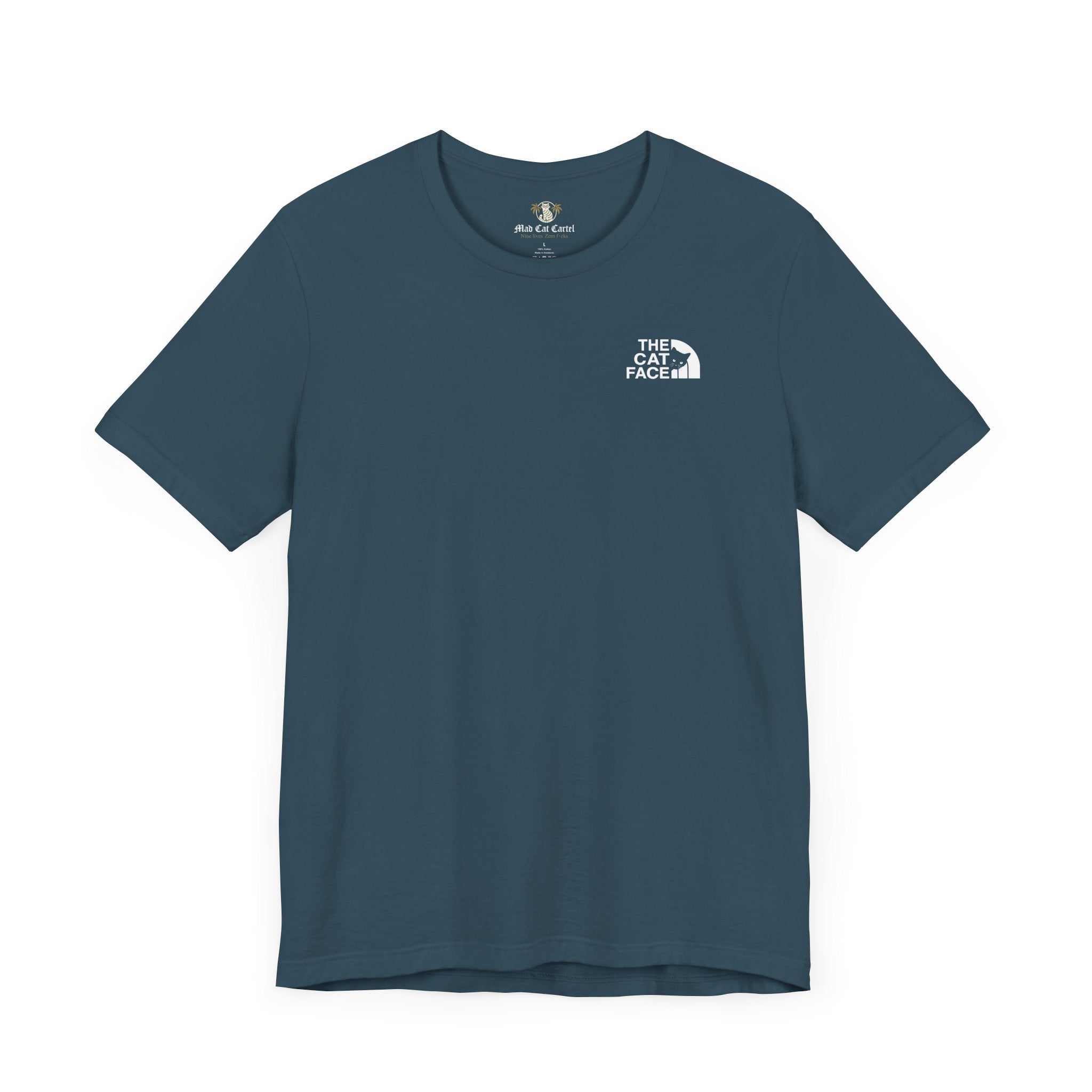 The Cat Face Classic Mini Chest Logo T-Shirt deep teal – cat lady tee flat lay