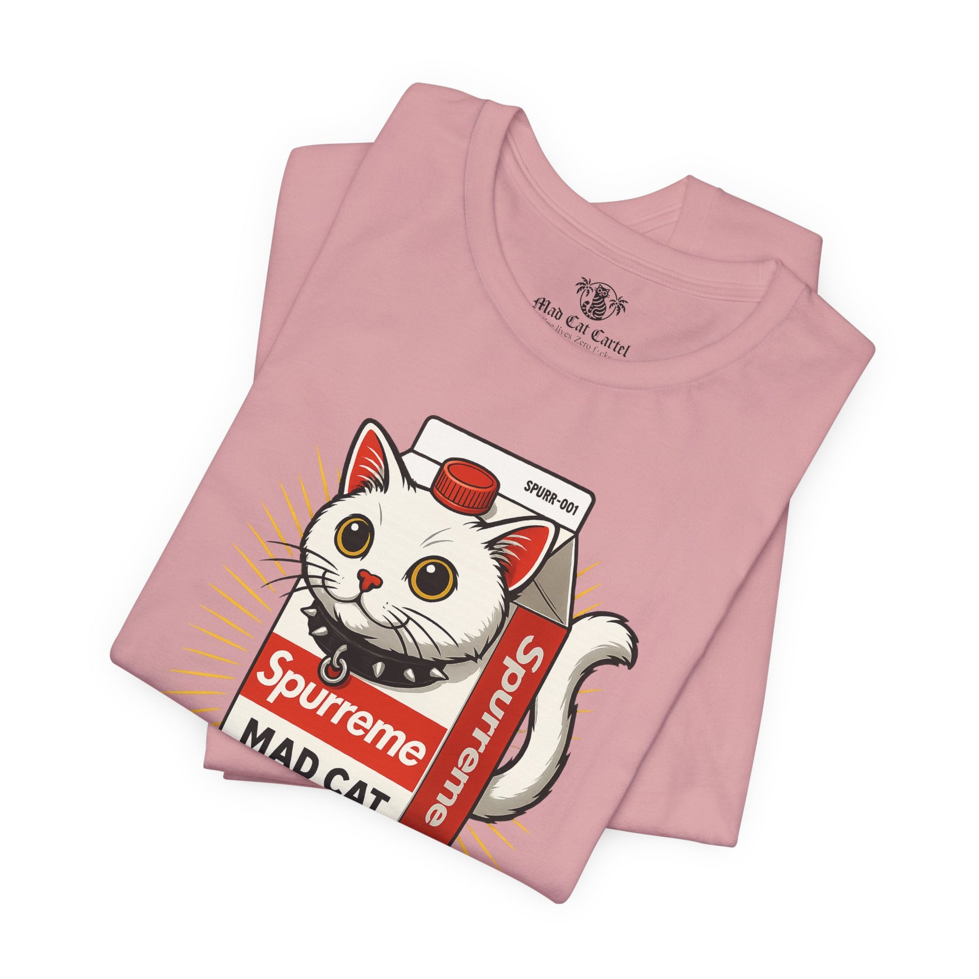 Folded Orchid Spurreme Mad Cat Organic Milk t shirt front view – cat lover shirts