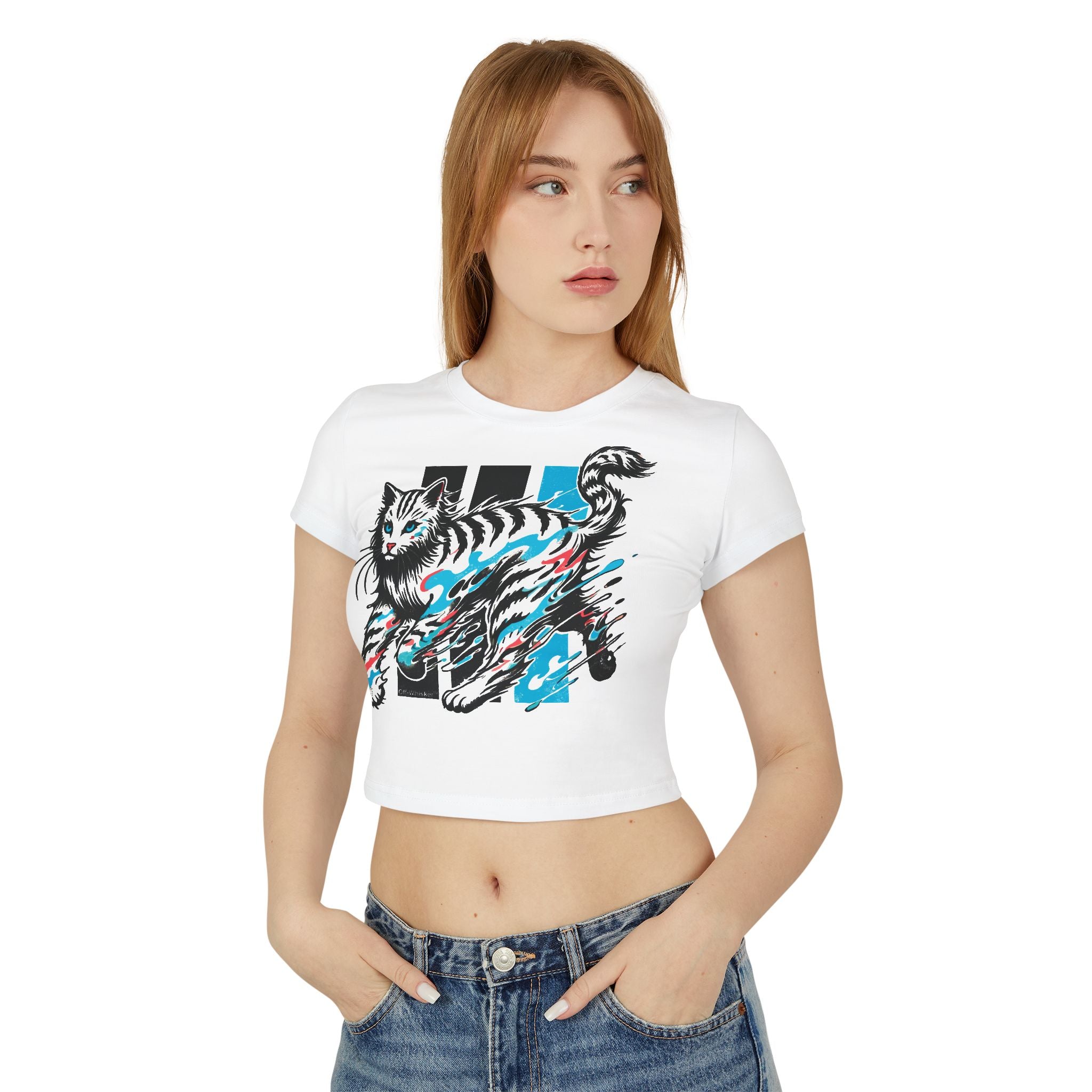 Female model wearing Off-Whisker Yokai Flame Cat Graphic Women's Baby Tee White, white baby tee for cat lovers
