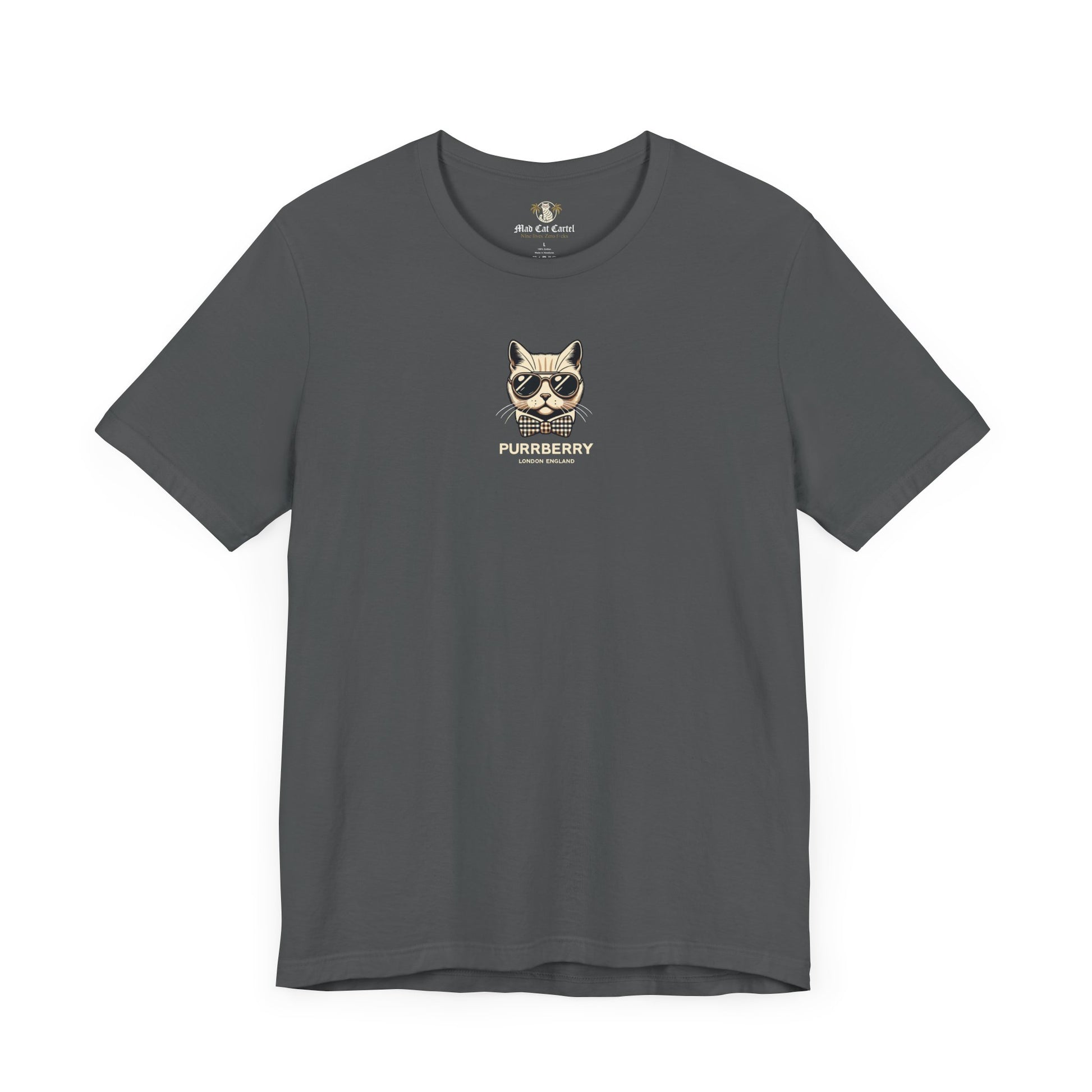 purrberry london mini crest cat graphic t shirt asphalt front view cat lover shirts