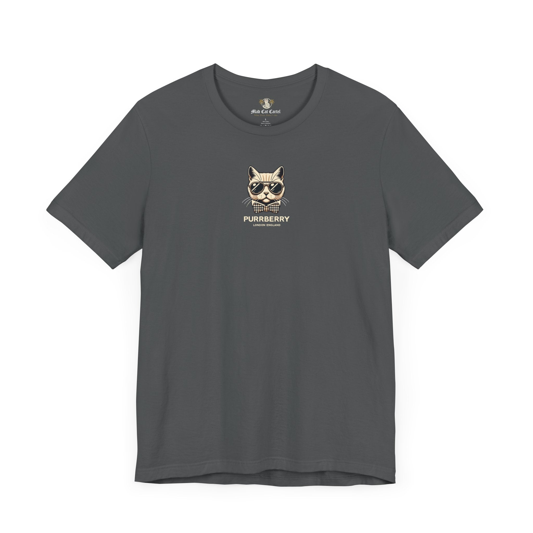 purrberry london mini crest cat graphic t shirt asphalt front view cat lover shirts