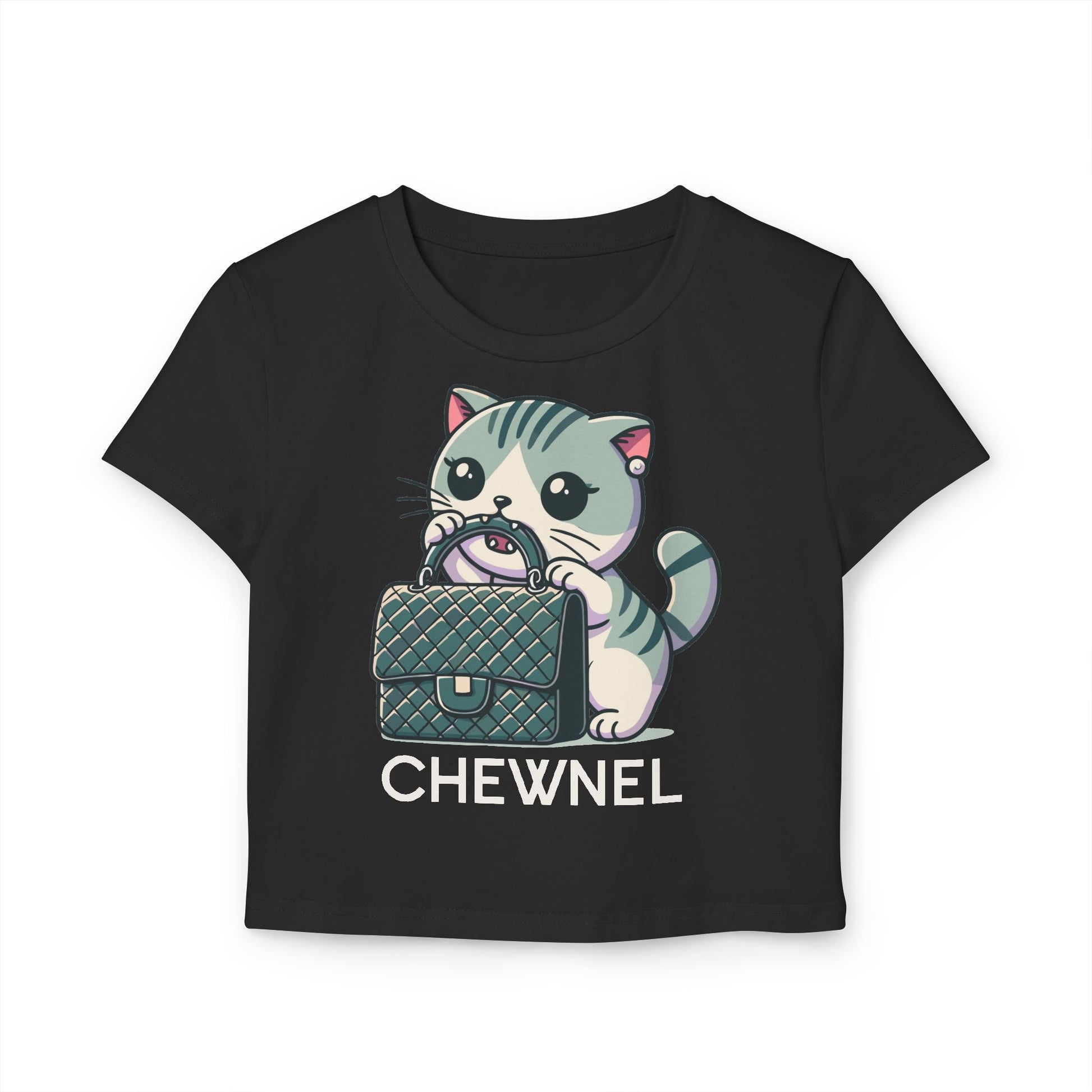 Chewnel Purse Snatcher Cat Black Baby Tee flat lay front view