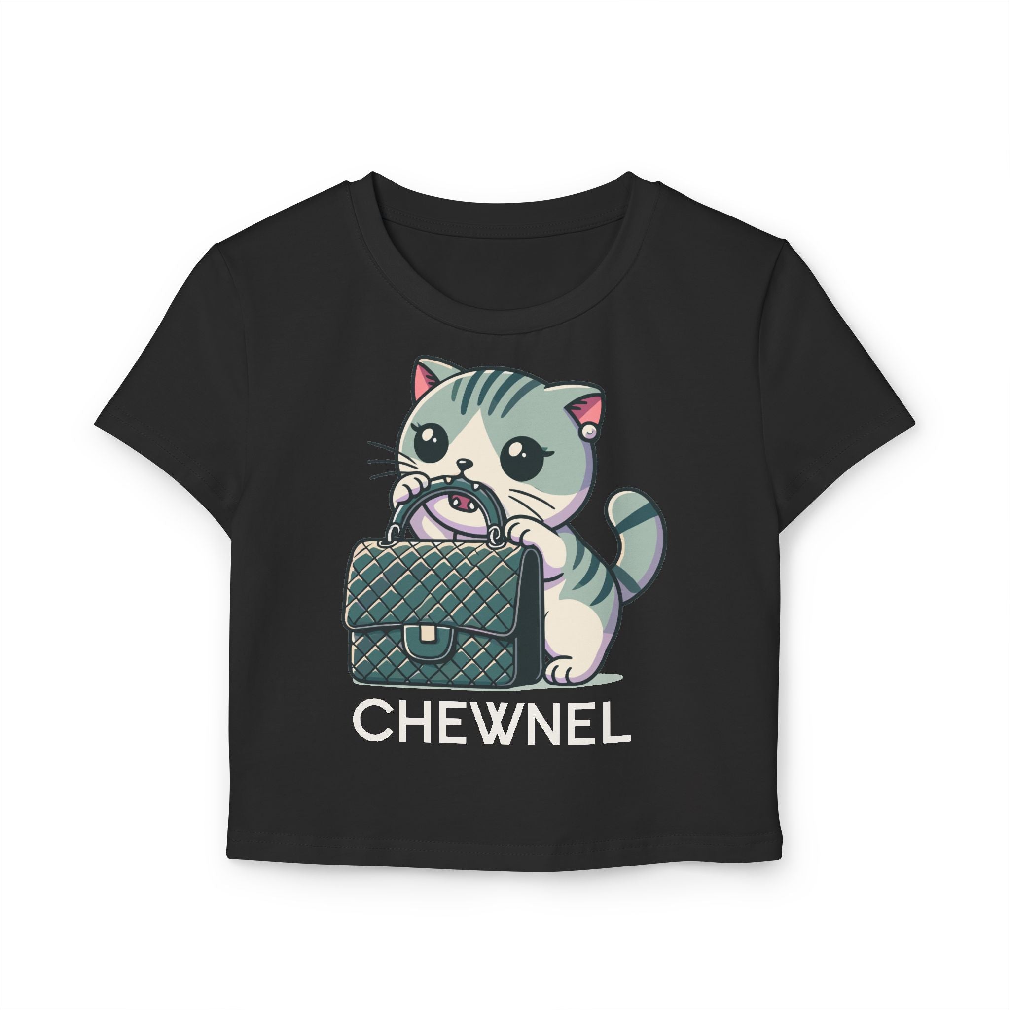 Chewnel Purse Snatcher Cat Black Baby Tee flat lay front view