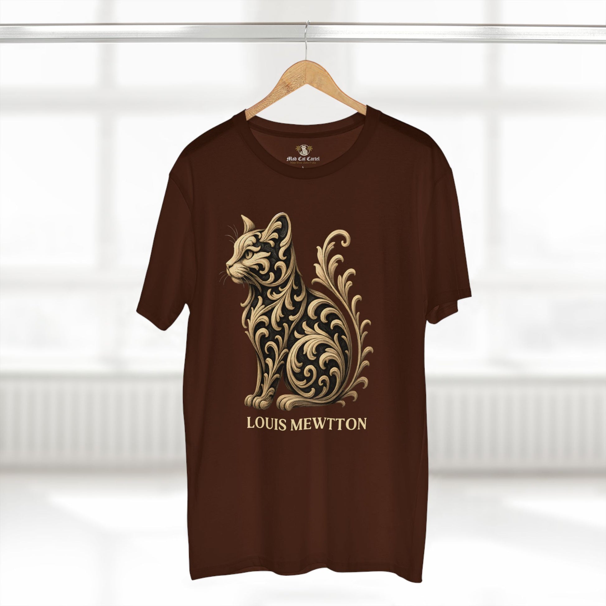 Cat t shirt for women dark chocolate brown on hanger front view