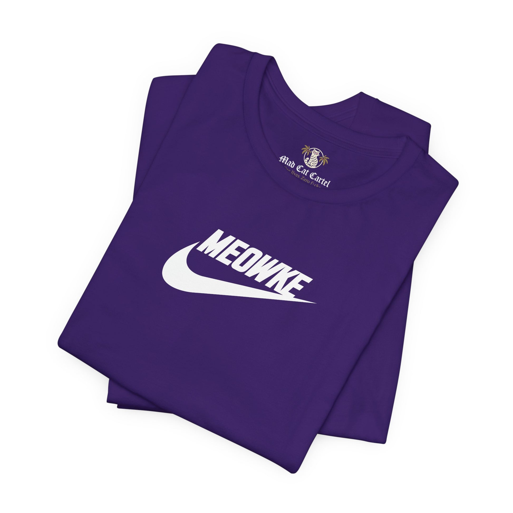 Funny t shirts for women – team purple unisex tees folded, white Meowke chest swoosh logo