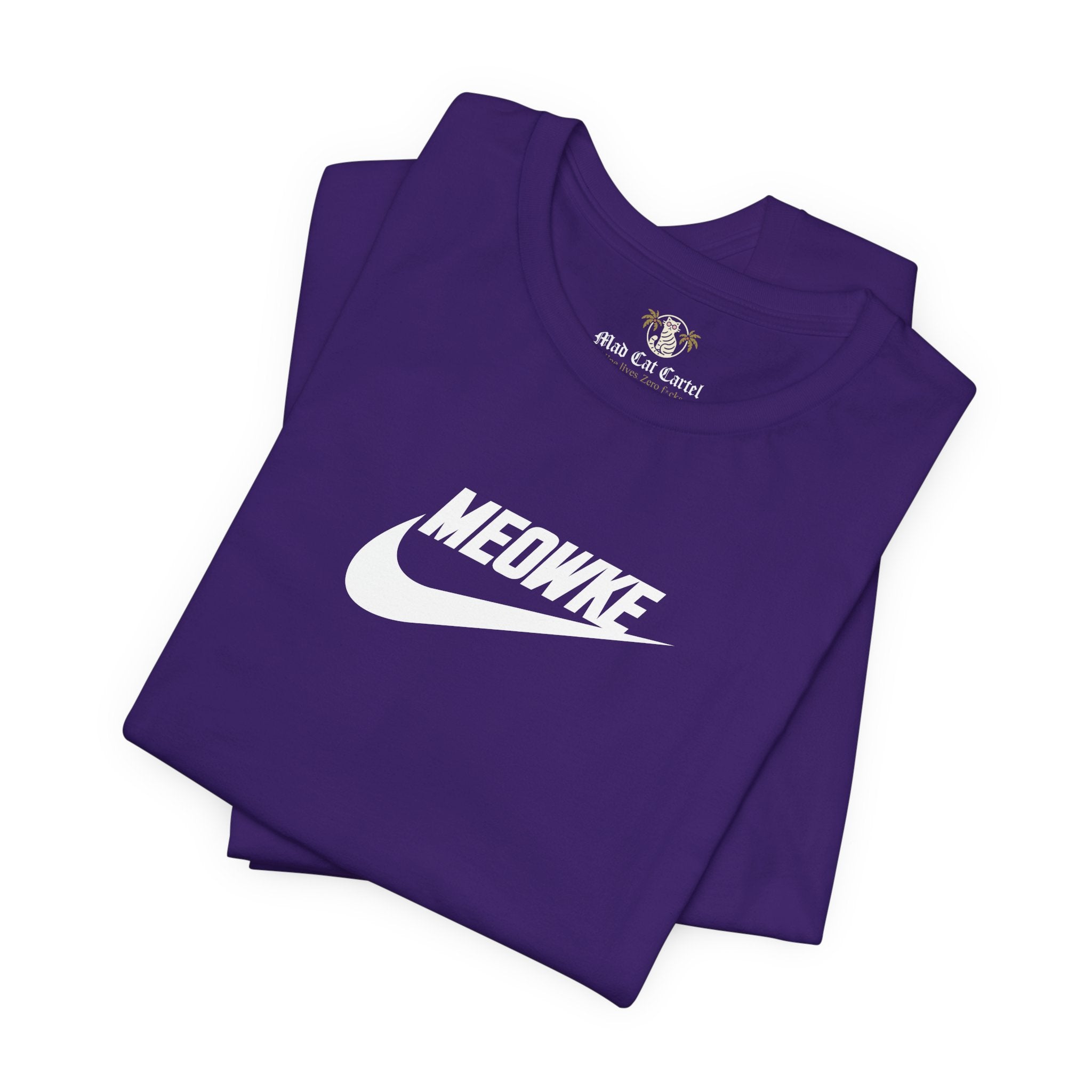 Funny t shirts for women – team purple unisex tees folded, white Meowke chest swoosh logo