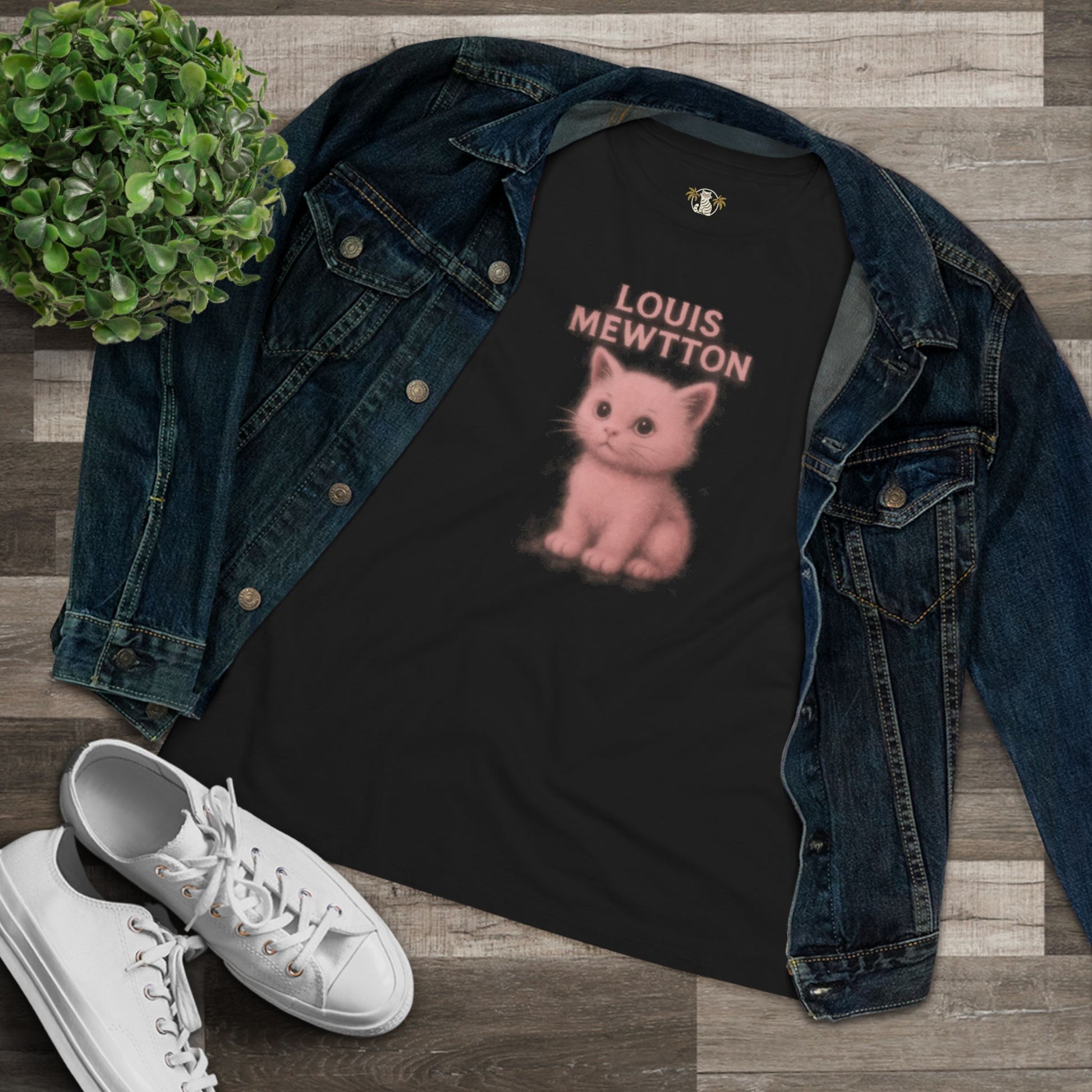 Styled flat lay black tee with cat glasses print and denim jacket cool men's t shirts