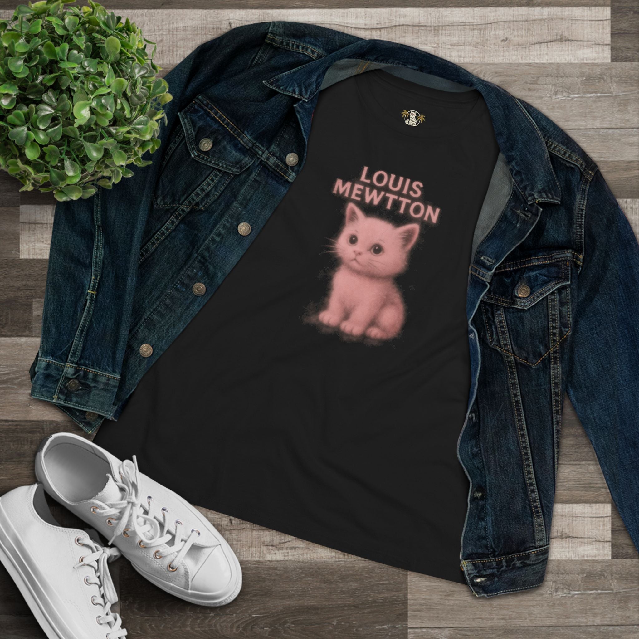 Styled flat lay black tee with cat glasses print and denim jacket cool men's t shirts