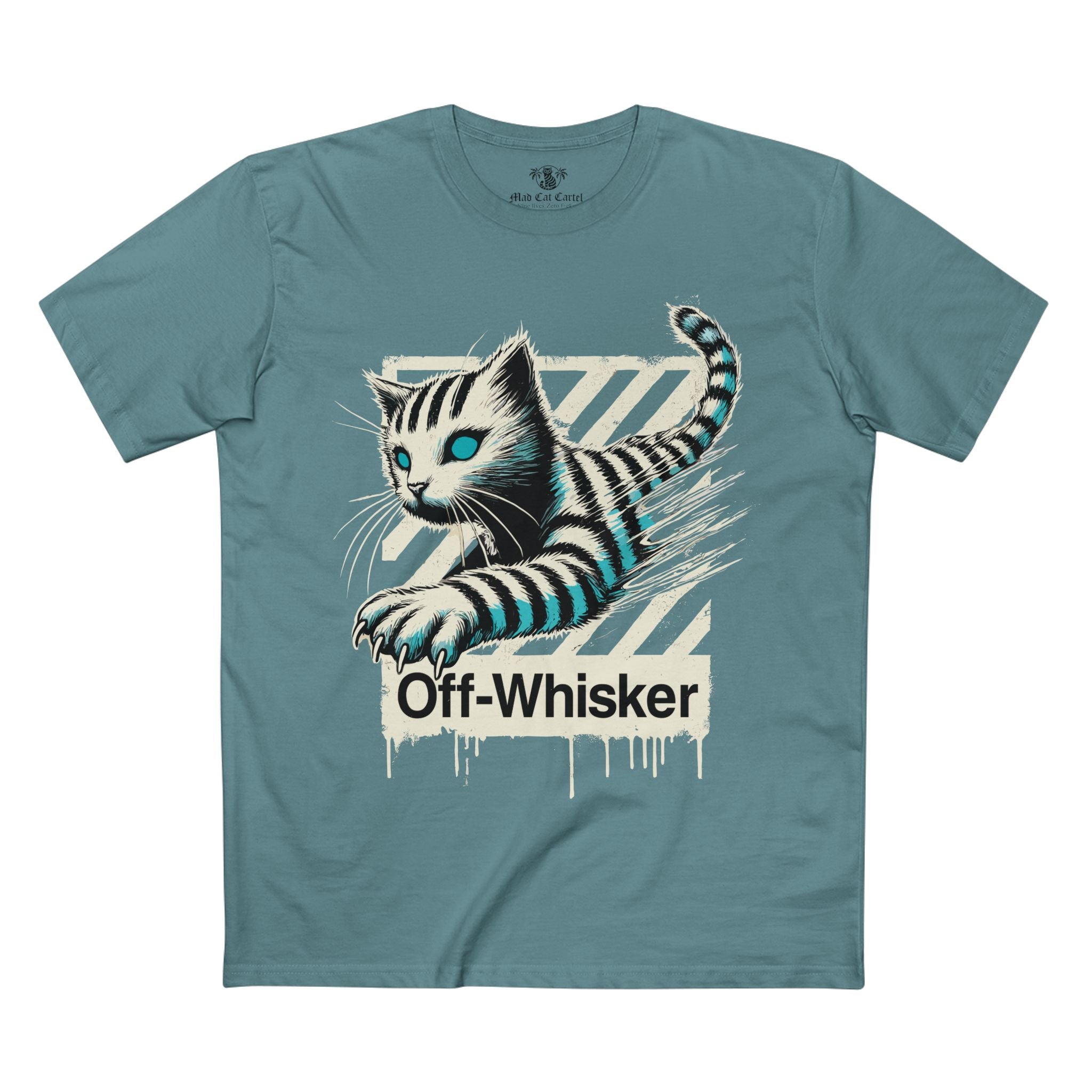 Slate blue cat t shirt – Off-Whisker Phantom Pounce unisex graphic shirt for cat lovers