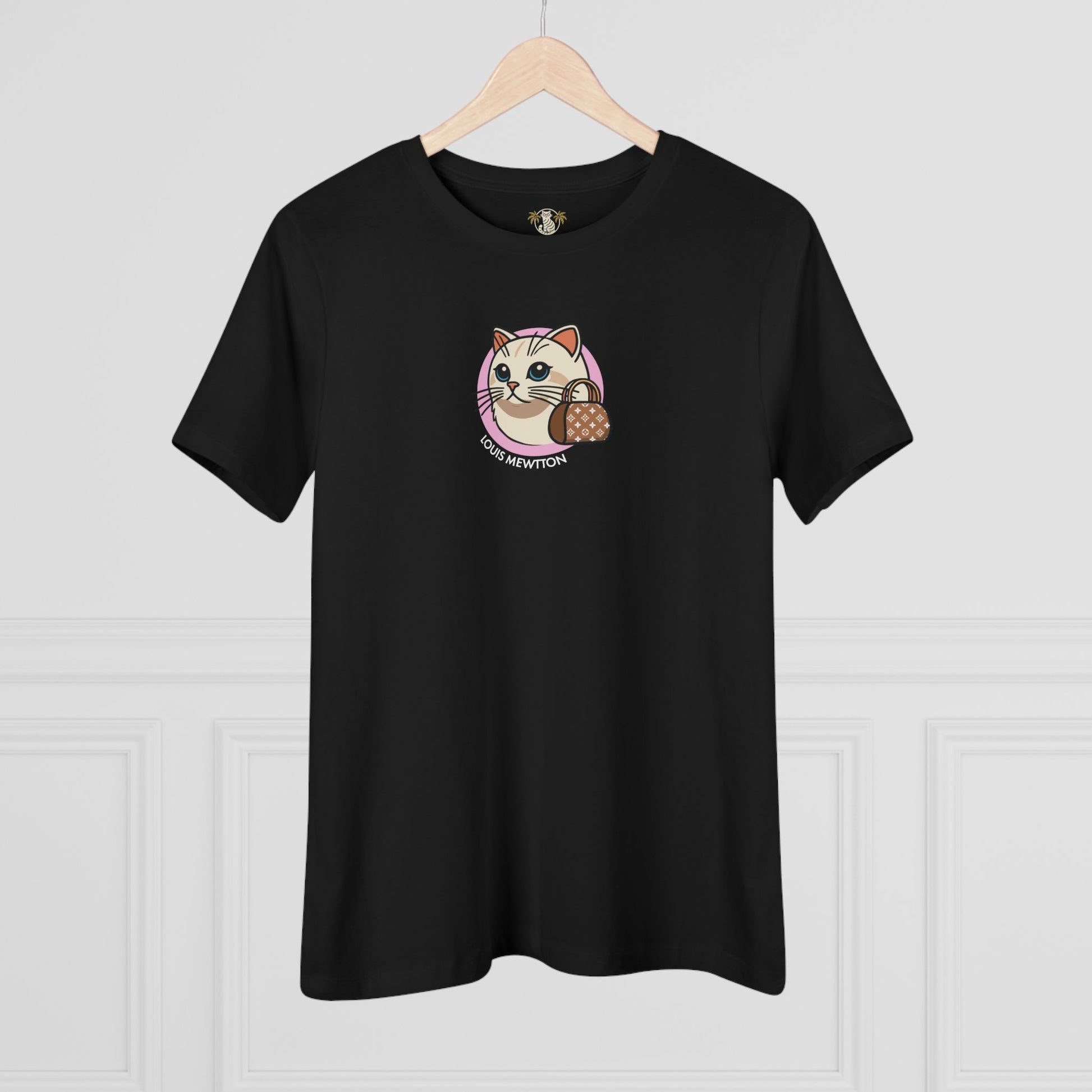 Louis Mewtton Mini Chest Cat Icon Women's Black T Shirt on hanger cat themed clothing