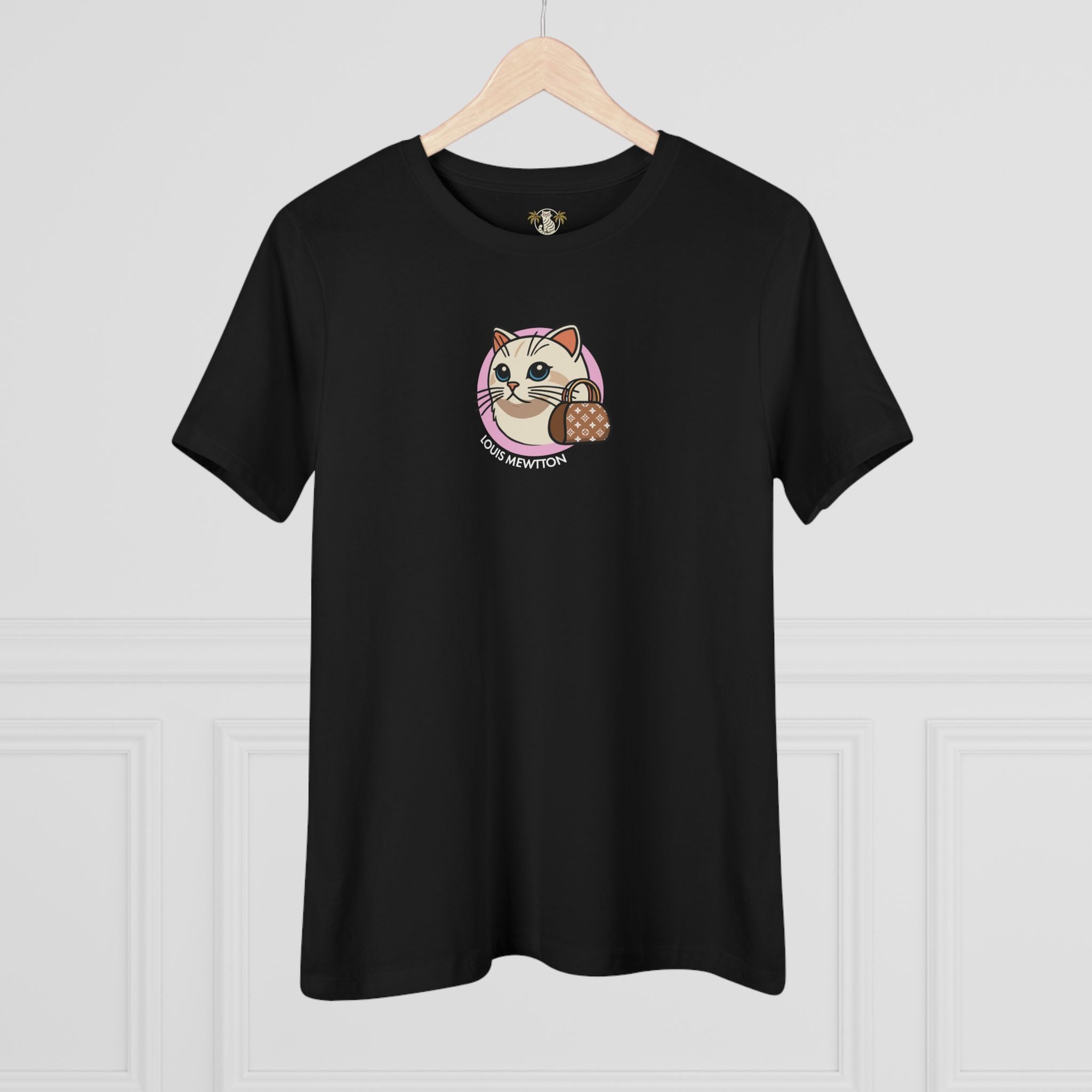 Louis Mewtton Mini Chest Cat Icon Women's Black T Shirt on hanger cat themed clothing