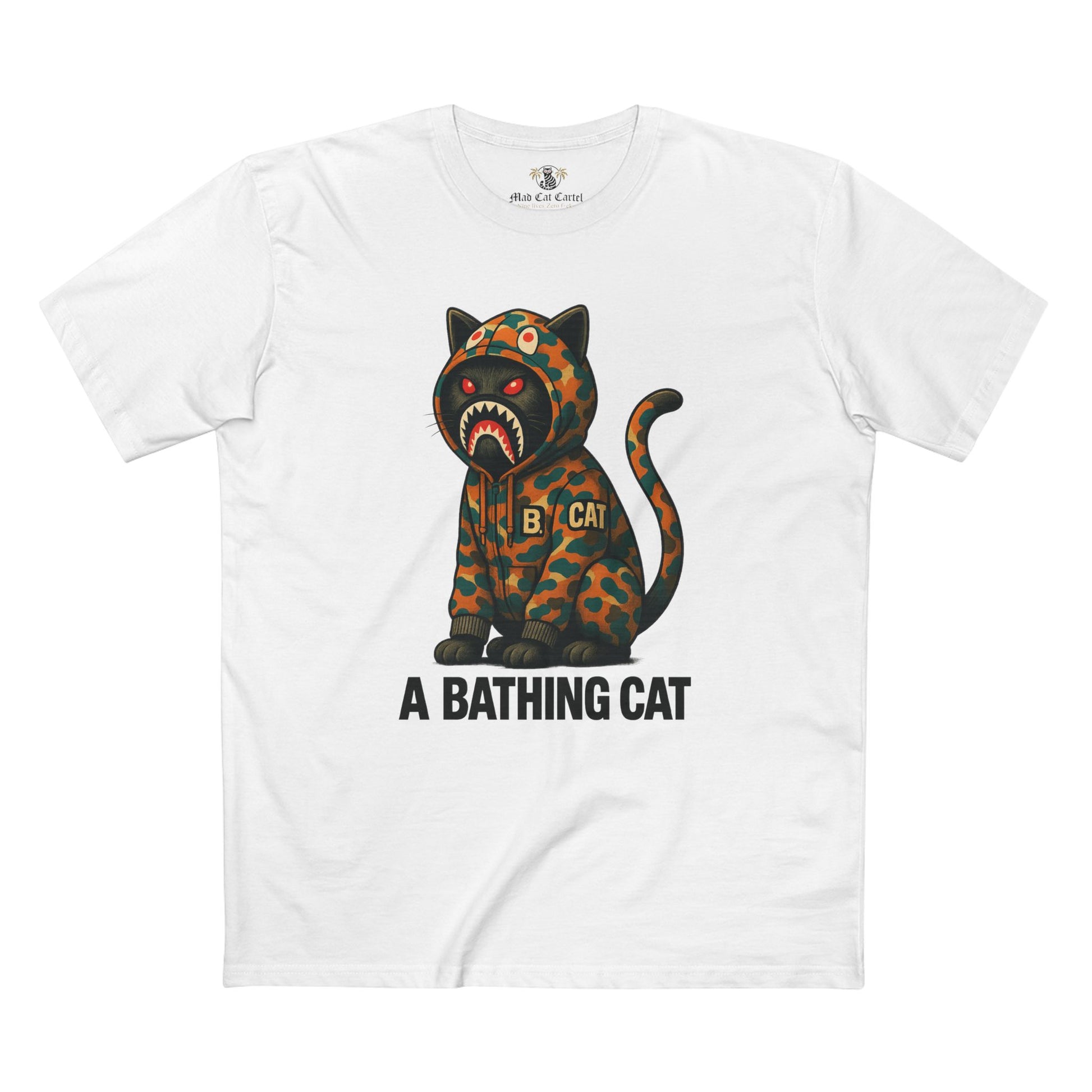 front view, white A Bathing Cat graphic tee with camo cat design