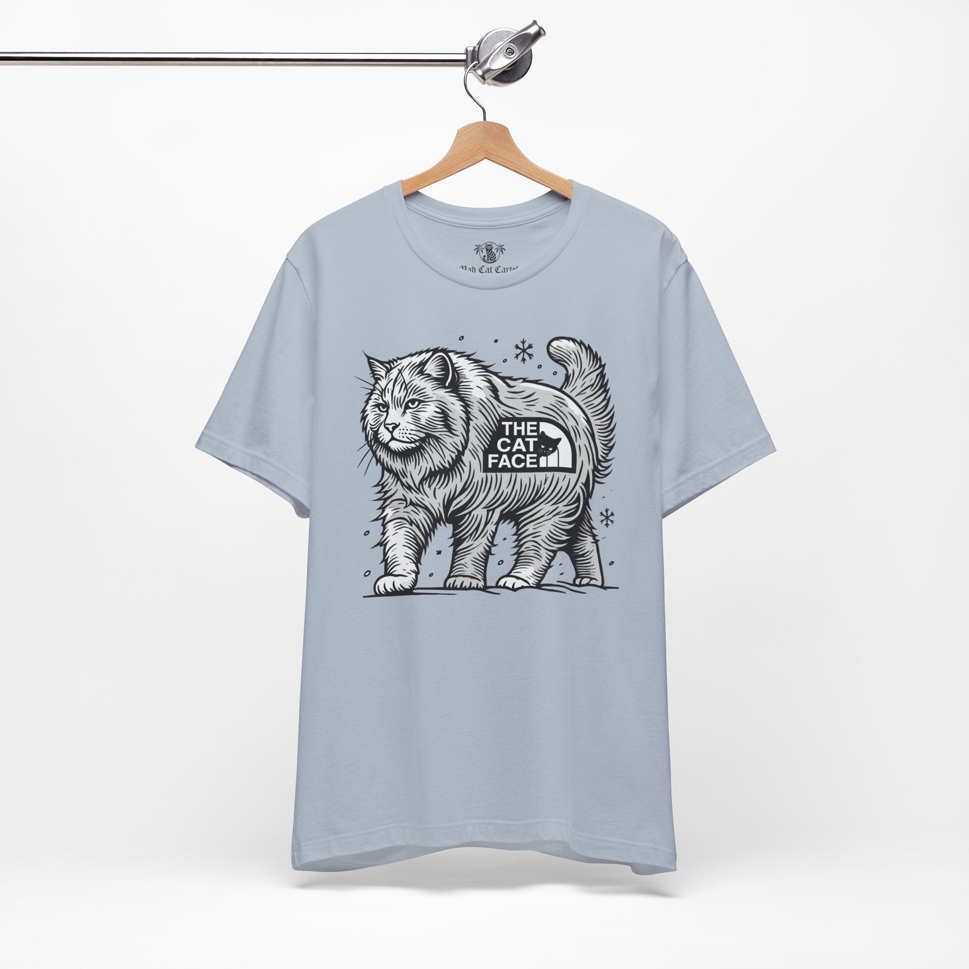 Light blue Snow Explorer cat shirt on hanger – cat clothes for humans