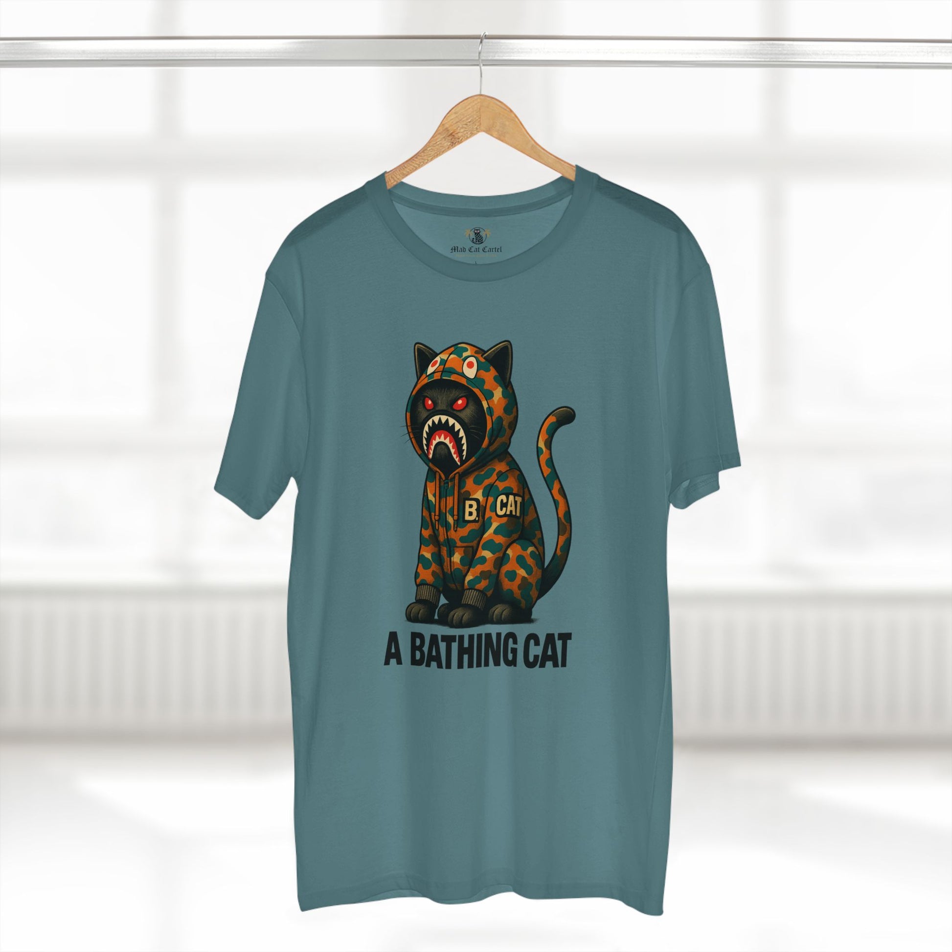 hanger display, slate blue jungle predator cat graphic t shirt, cotton casual style