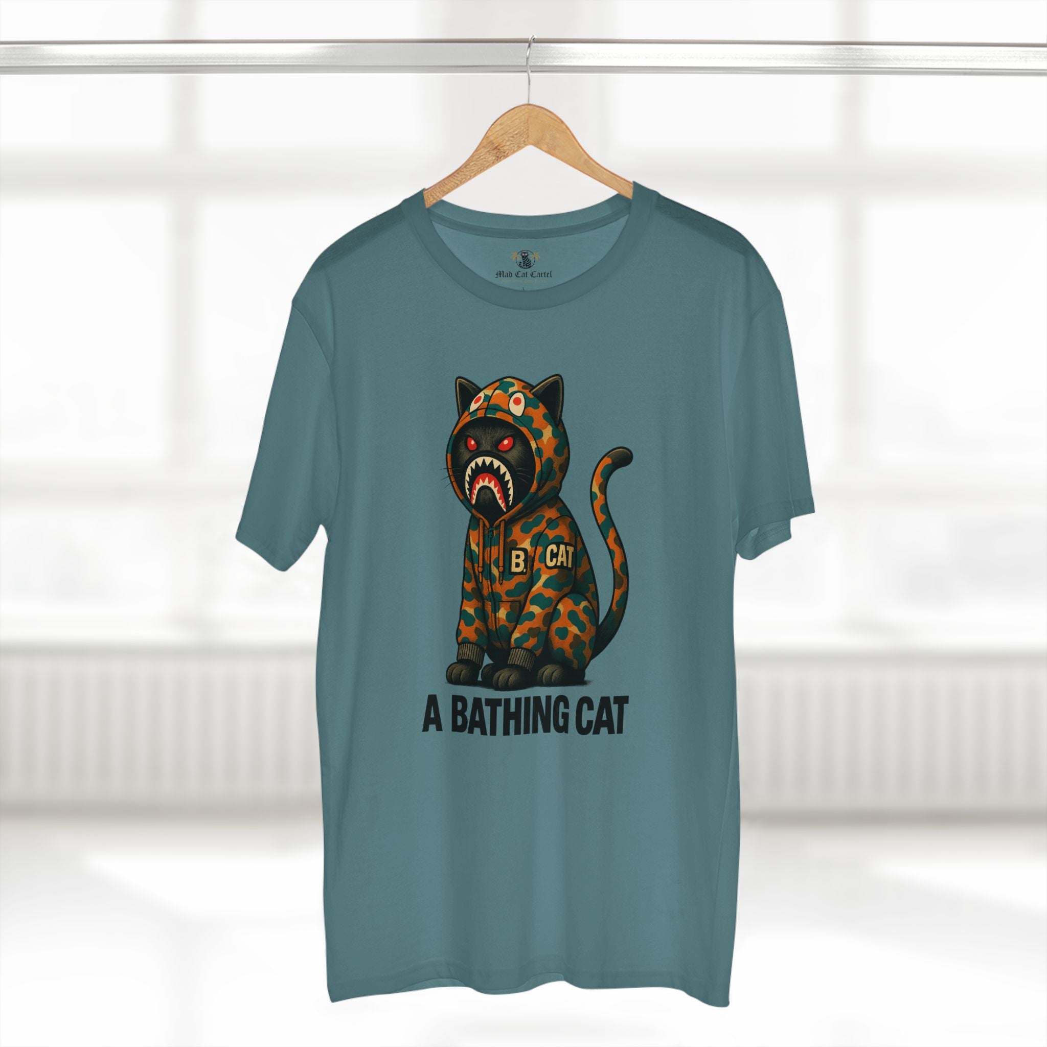 hanger display, slate blue jungle predator cat graphic t shirt, cotton casual style