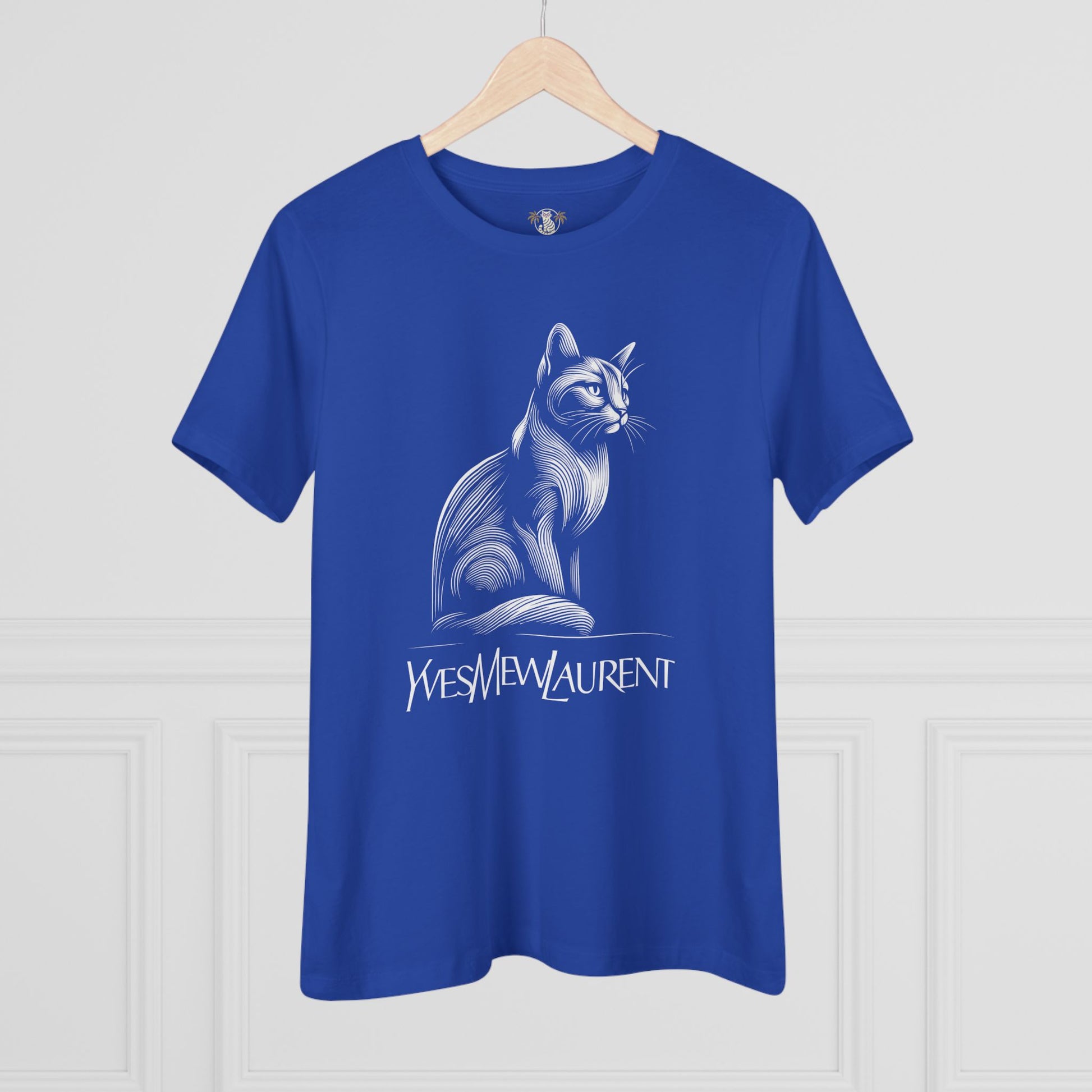 Yves Mew Laurent royal blue cat graphic t shirt on hanger, women's casual cotton tee
