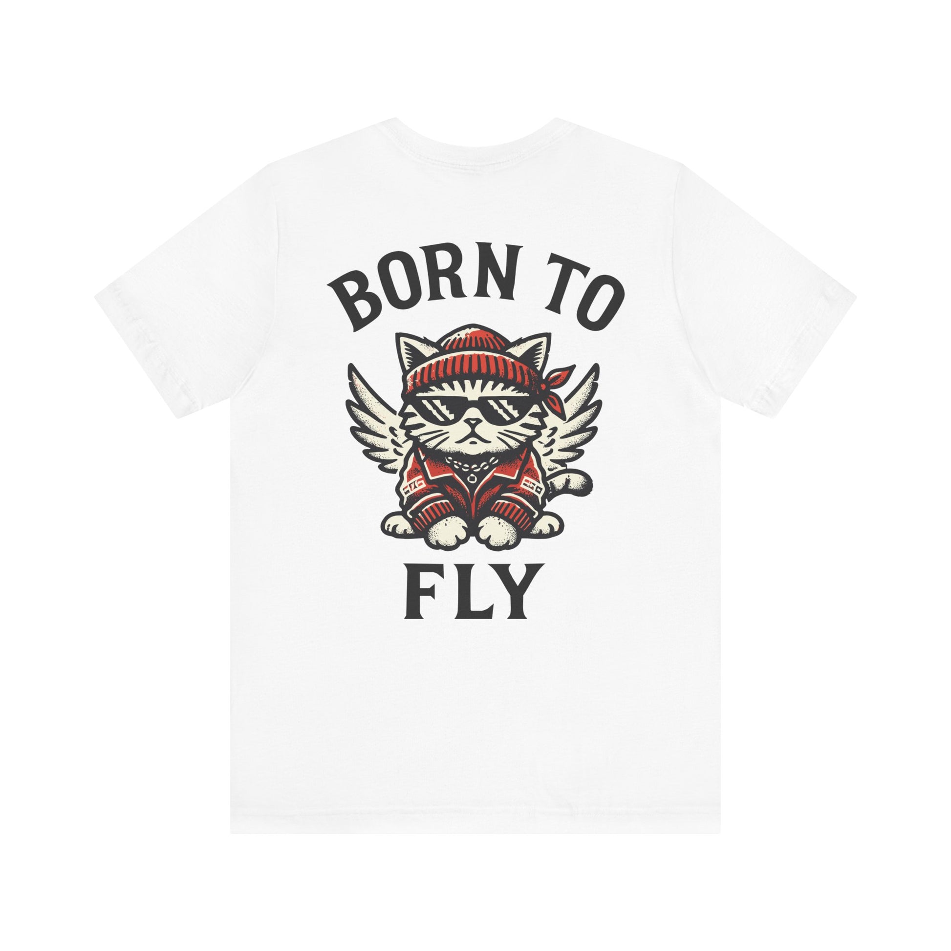 Back view of white Paw Angels Born to Fly cat t-shirt – cat shirts for women
