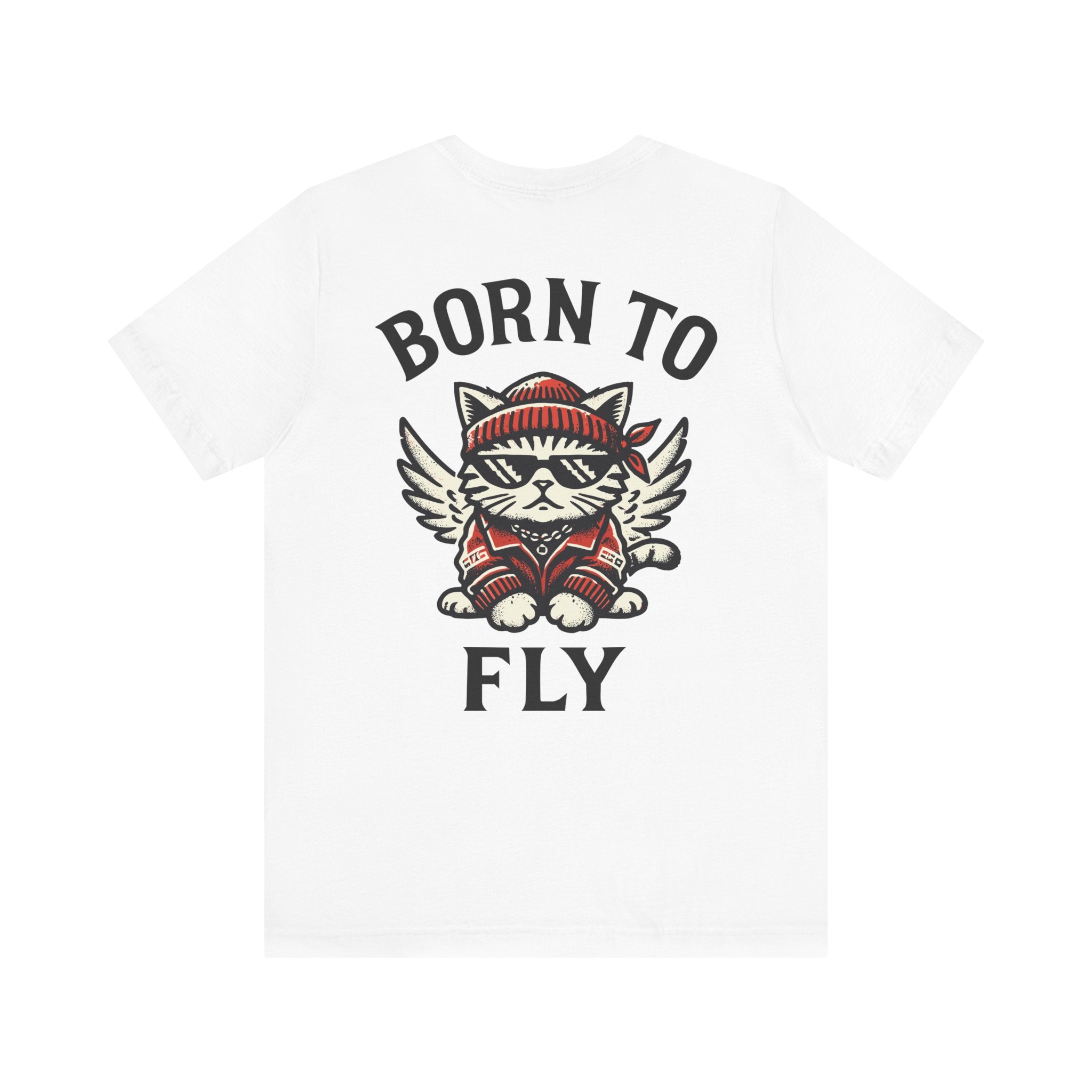 Back view of white Paw Angels Born to Fly cat t-shirt – cat shirts for women