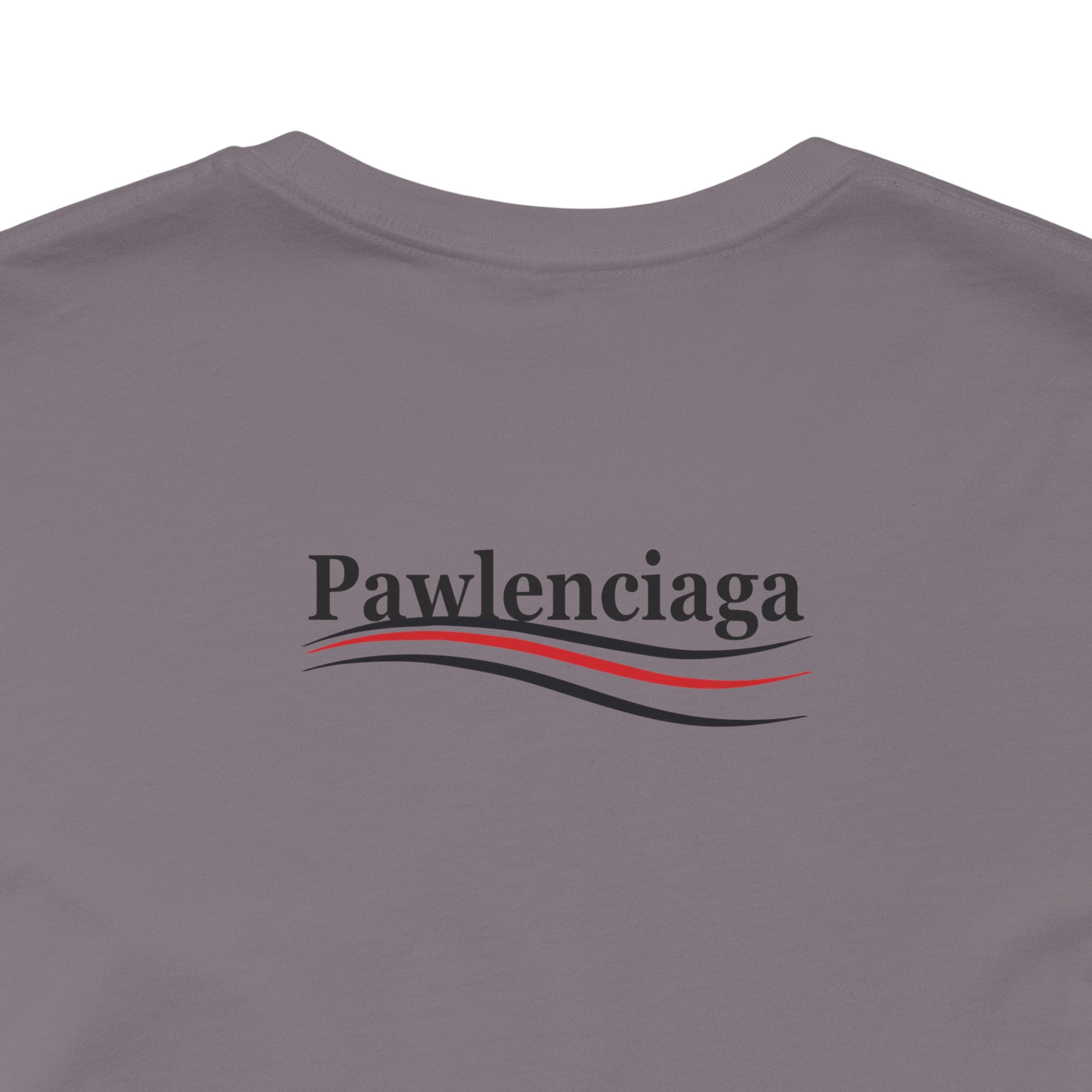 gray tee for cat lovers with Pawlenciaga logo on back, close up