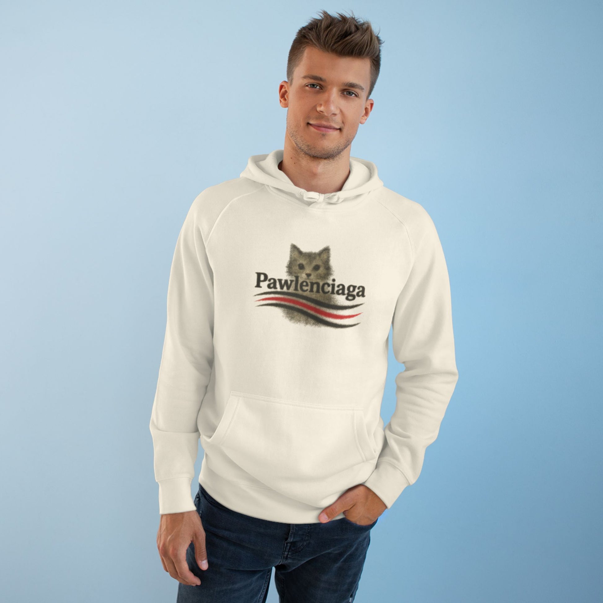 Man wearing Pawlenciaga Airbrush Cat Logo Ecru Hoodie, cat hoodie for humans