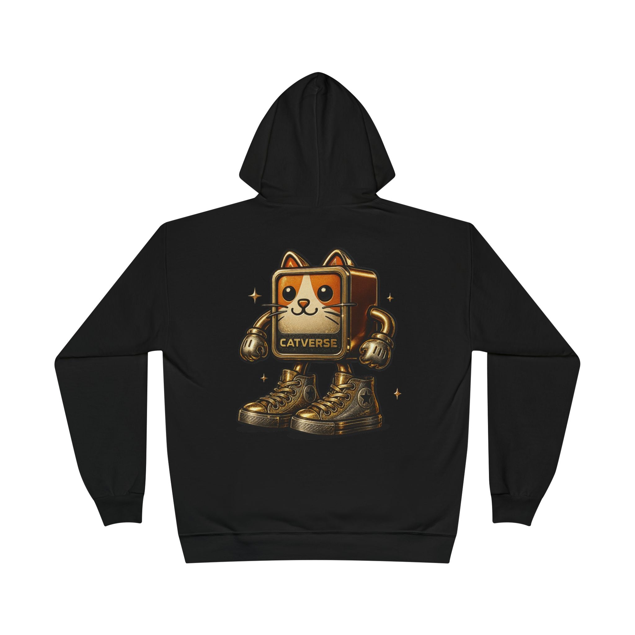Back view of Catverse black hoodie with goldbot cat graphic, cat print clothing