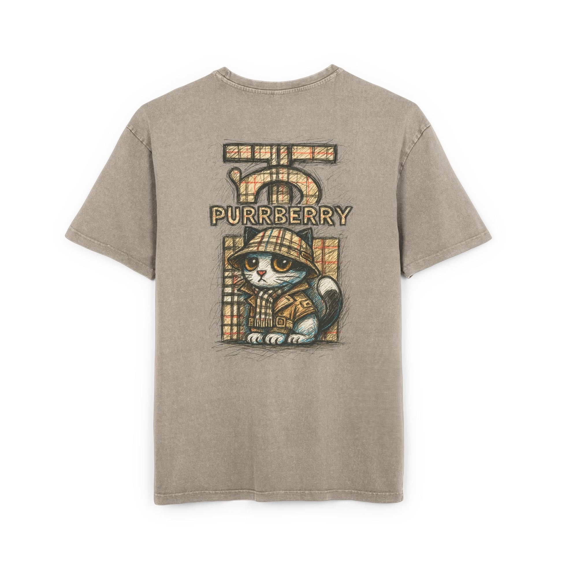 Purrberry Chest Sketch Logo Back Cat Graphic Acid Wash Oversized T Shirt, dark khaki front view