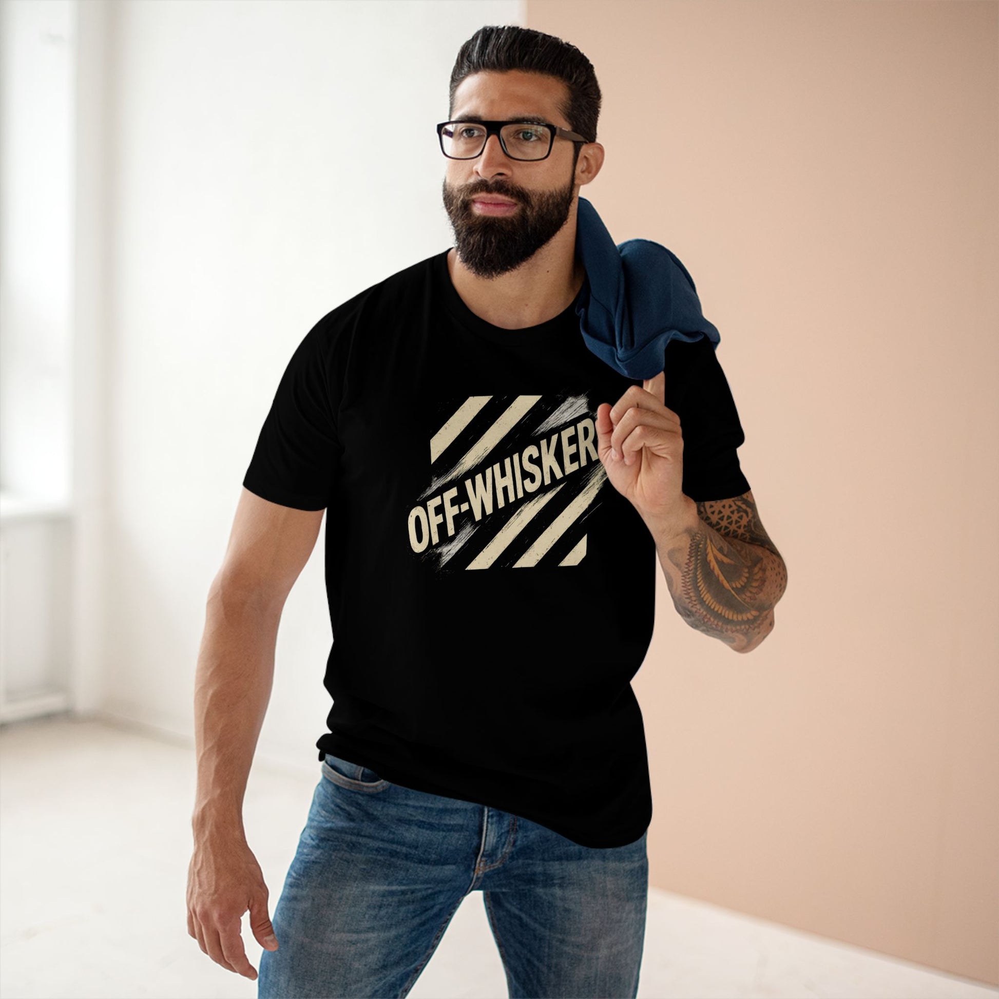 Model wearing Off-Whisker Jump Mode Cat Graphic Black T Shirt, casual black graphic tee, things to get cat lovers