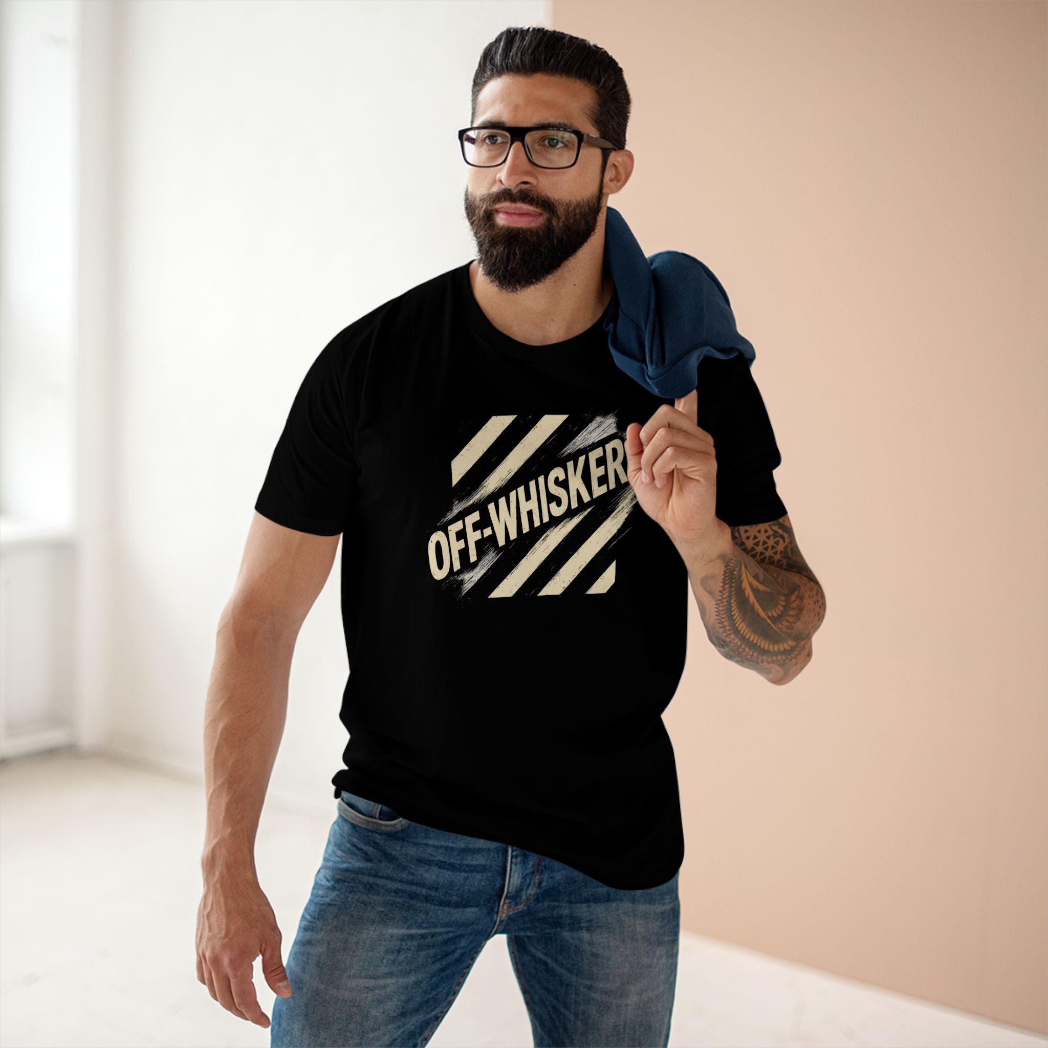 Model wearing Off-Whisker Jump Mode Cat Graphic Black T Shirt, casual black graphic tee, things to get cat lovers