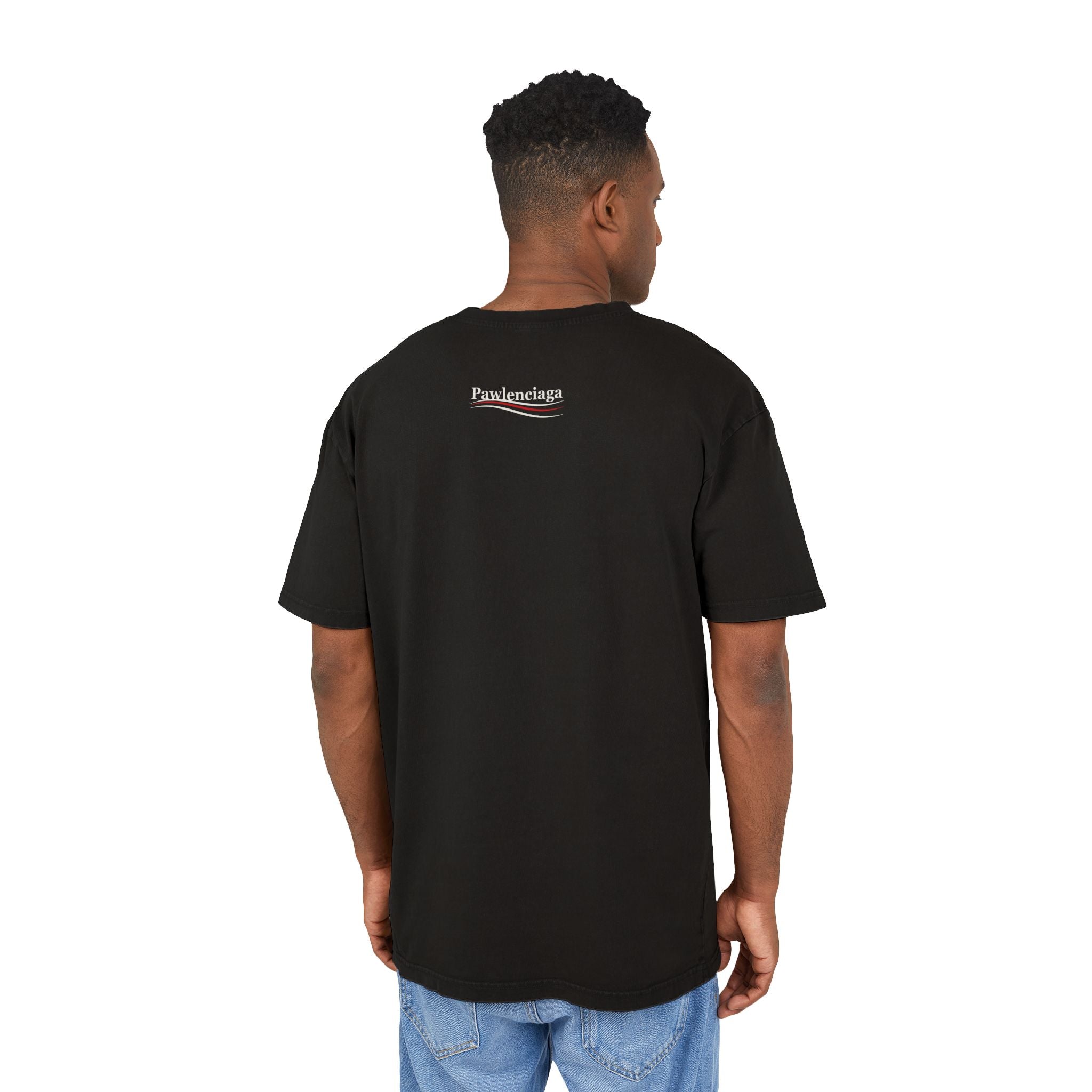 Back view of male model wearing Pawlenciaga White Aura Kitty Print Graphic Acid Washed Oversized T-Shirt Black, cat themed shirts