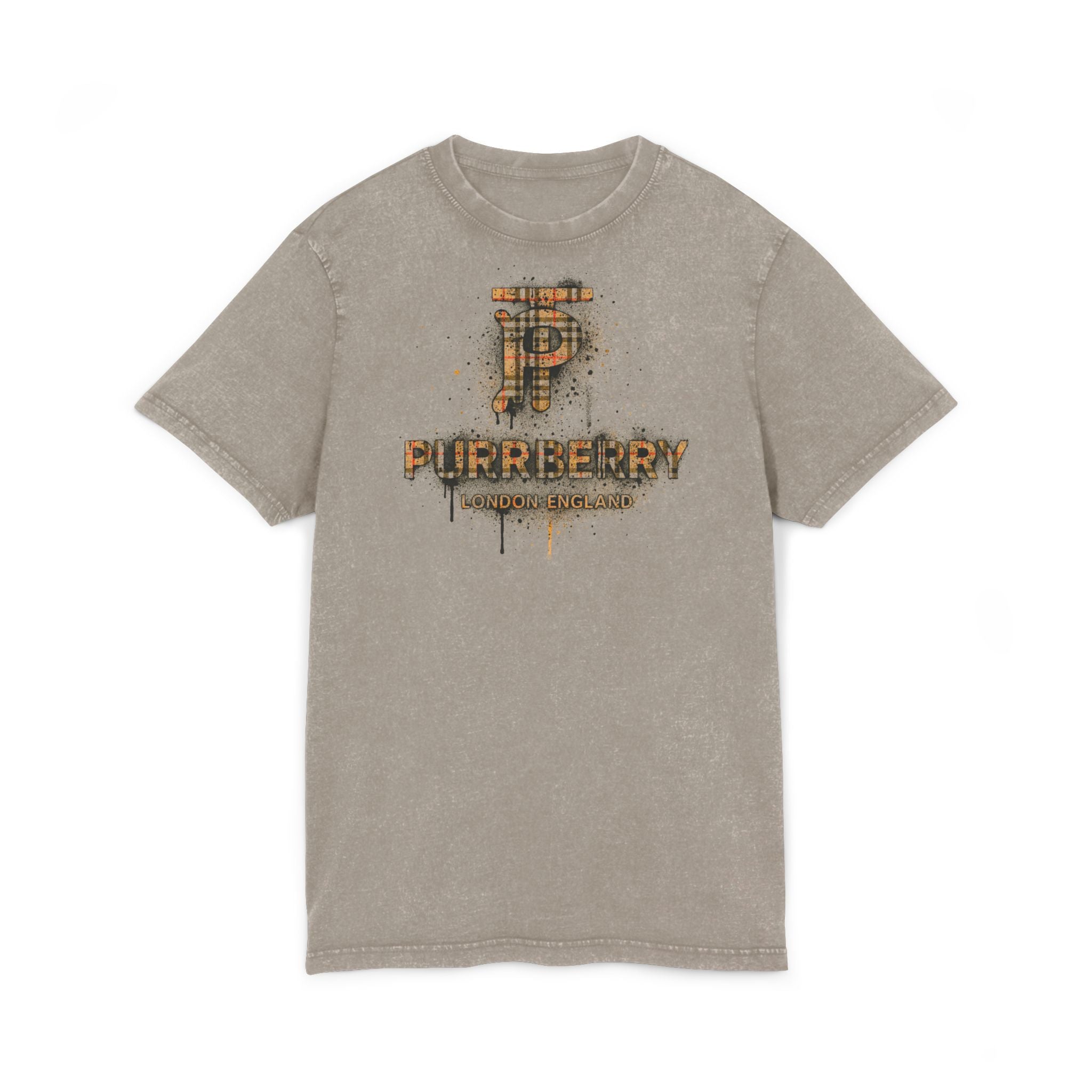 Purrberry London Spray Crest Dark Khaki Cat Graphic T Shirt, cool cat shirts for men