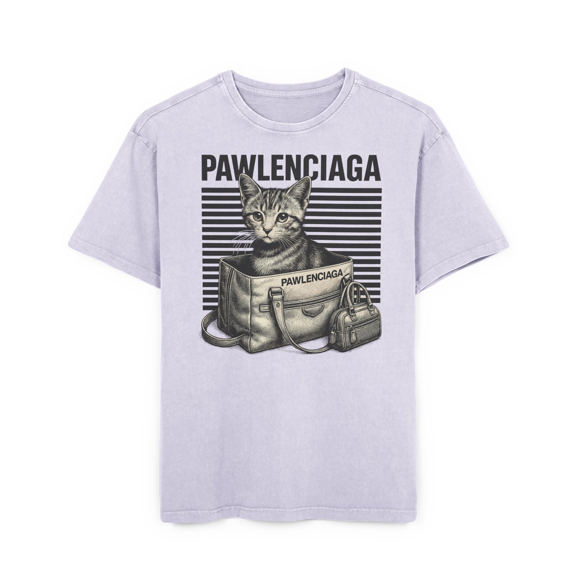 soft lilac Pawlenciaga duffle bag cat graphic oversized t shirt, front product view, cool graphic tee