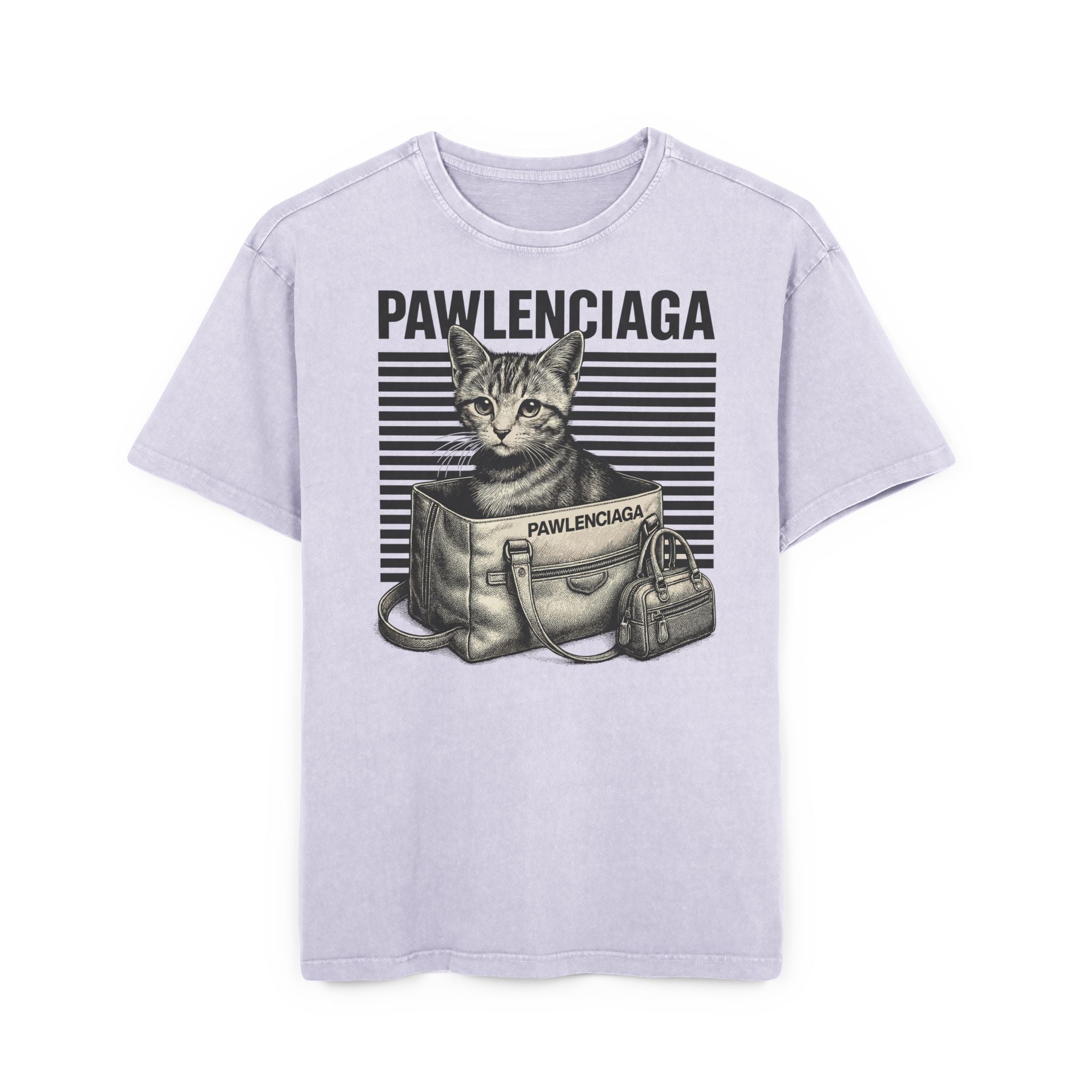 soft lilac Pawlenciaga duffle bag cat graphic oversized t shirt, front product view, cool graphic tee