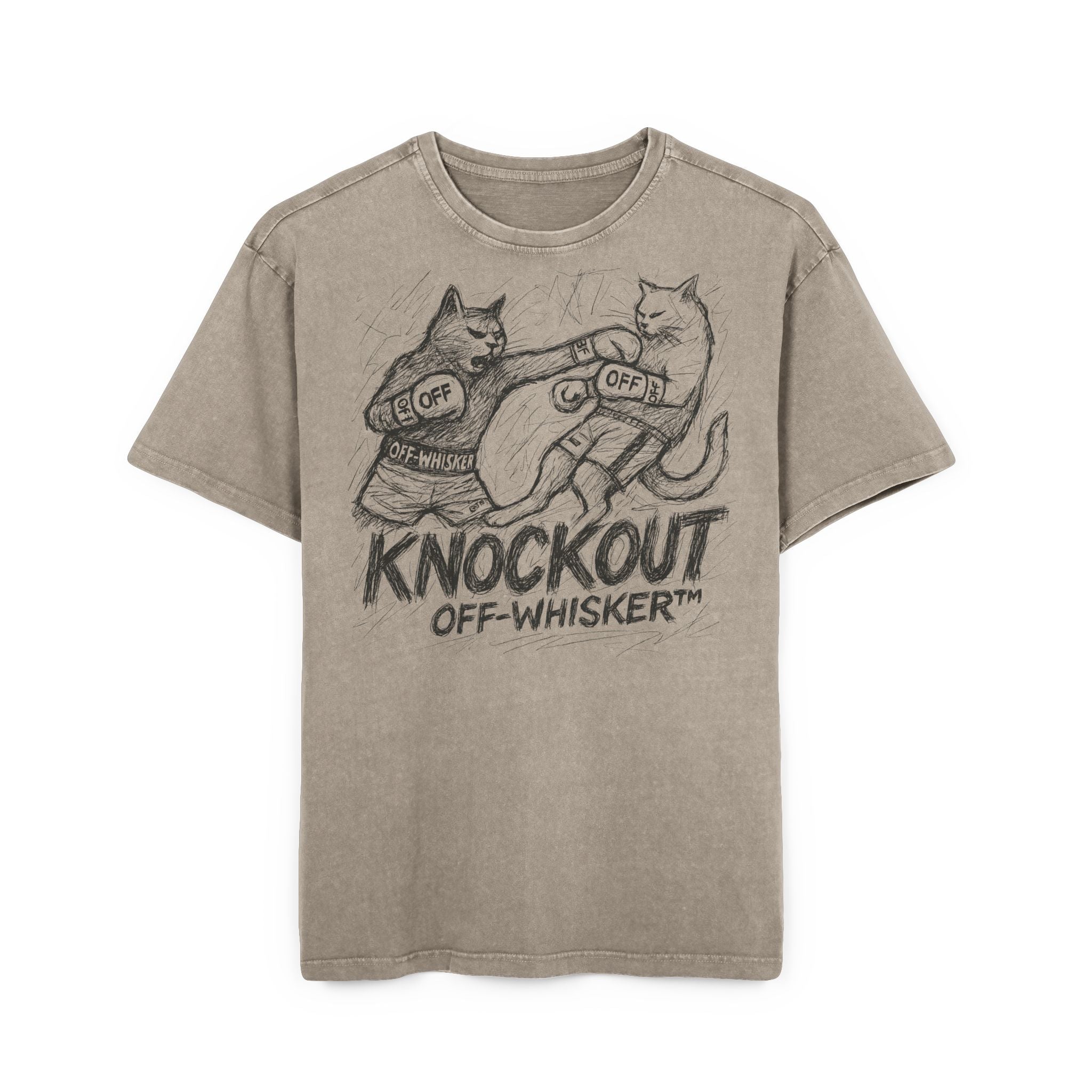 Off-Whisker Cat Knockout Acid Washed Oversized T-Shirt Dark Khaki, funny t-shirts for men front view