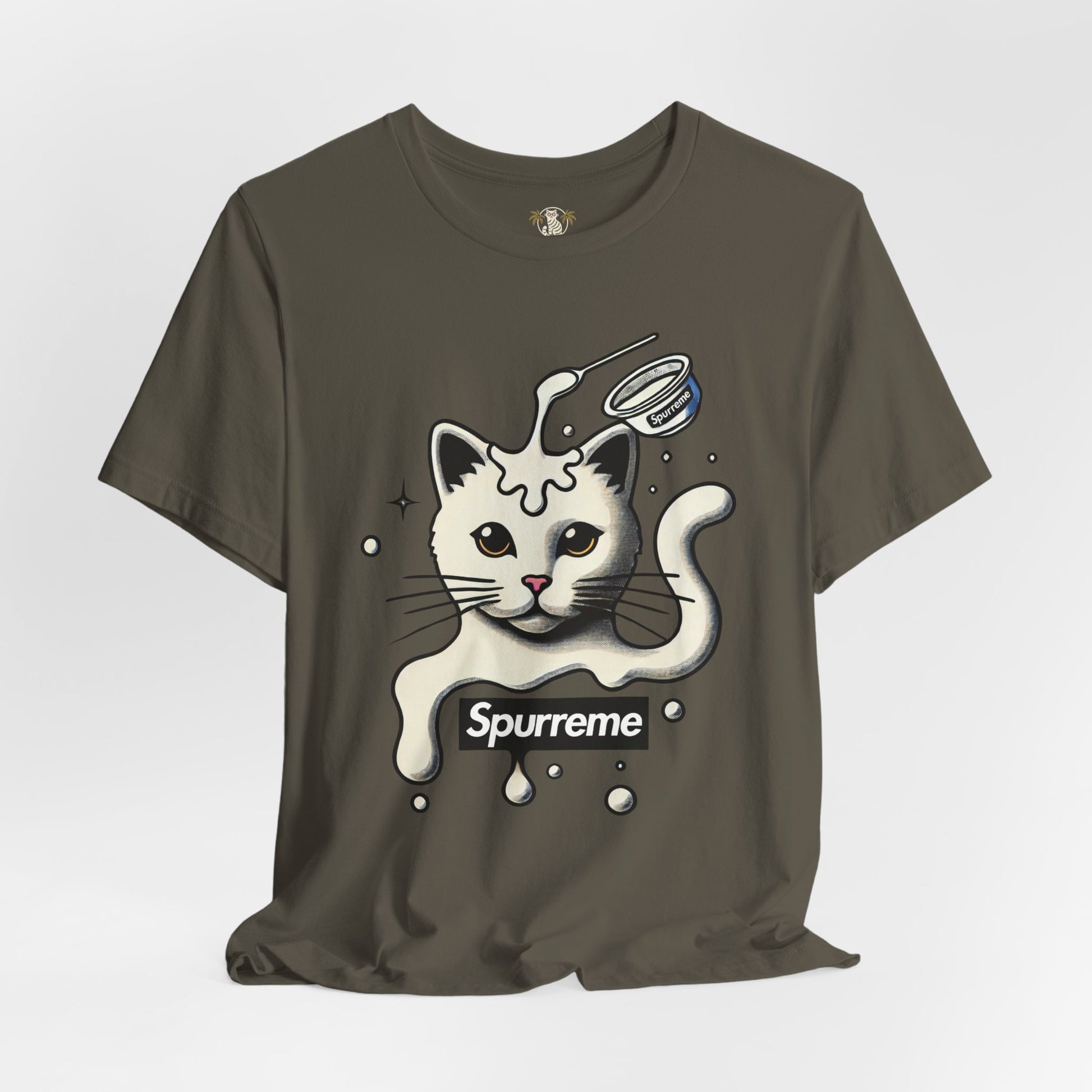 Army Spurreme Milky Mischief Cat Graphic t shirt flat lay – cat themed apparel