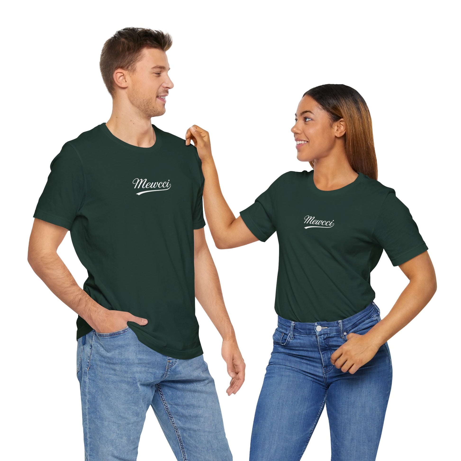 Man and woman in matching Mewcci Statement Cat Graphic T Shirts in Forest – unisex style