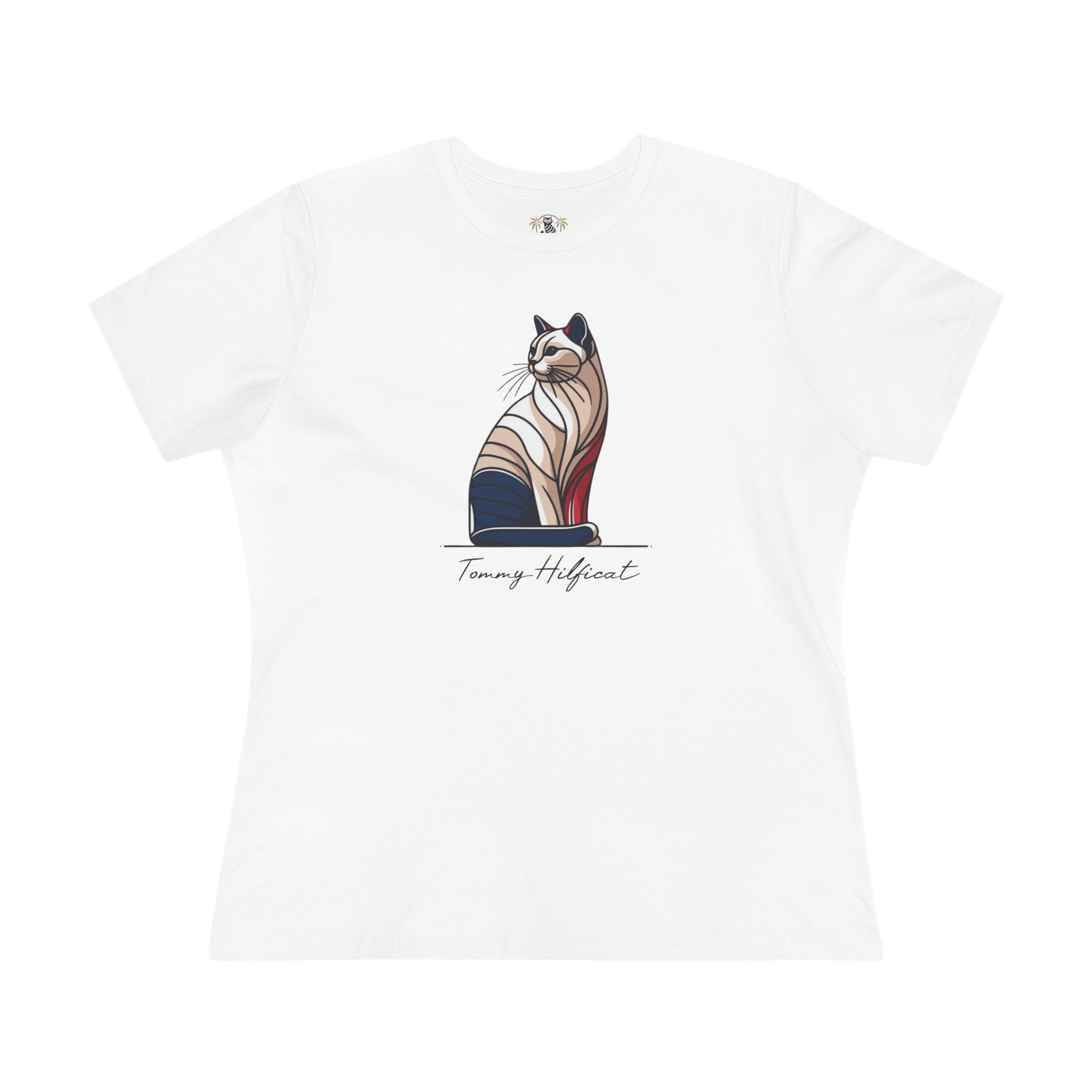 Tommy Hilficat Sitting Icon T Shirt in White, cat themed clothing