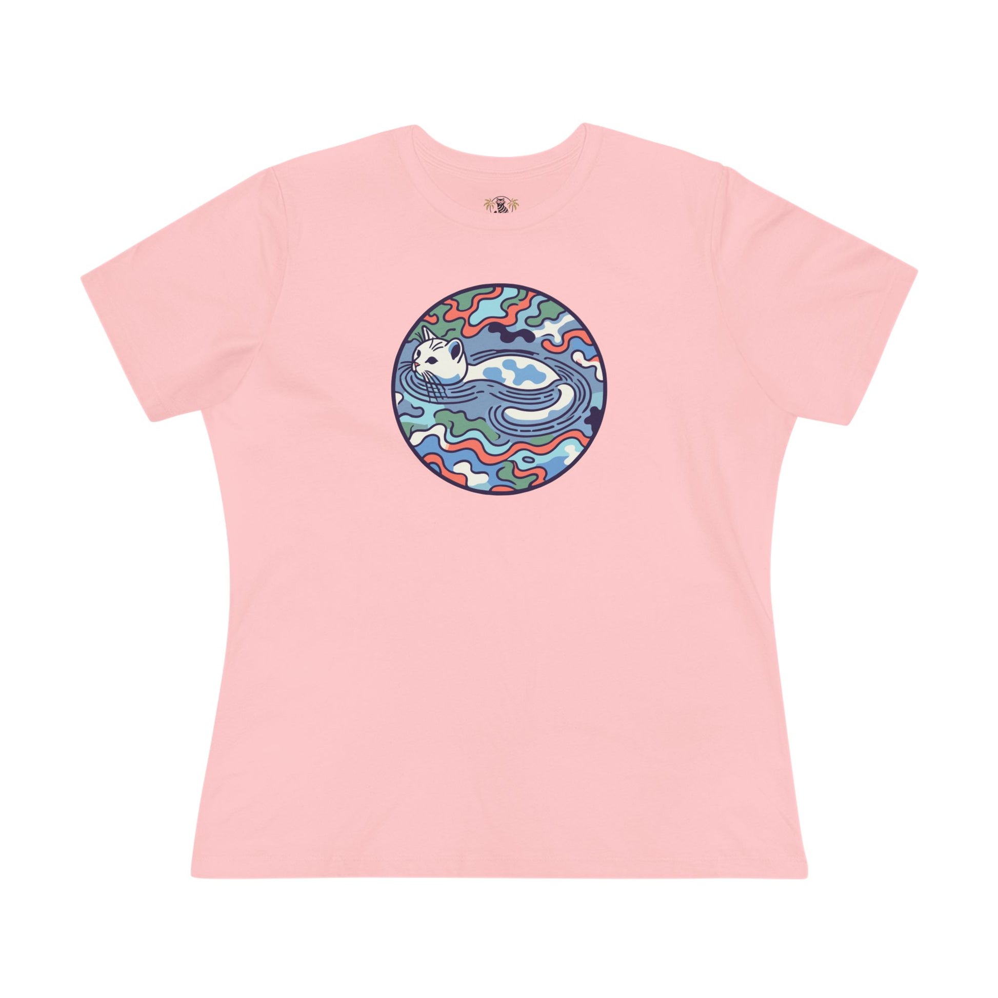 Pink A Bathing Cat Wave Camo Flow Graphic Women’s T-Shirt ladies flat lay front